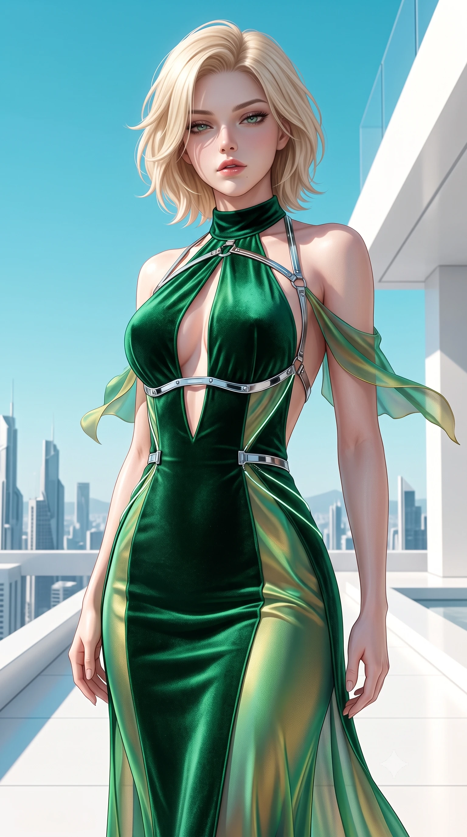 score_9, masterpiece, best quality, ultra-detailed, high-budget anime keyframe, semi-realistic 3D game render, editorial fashion photography, tasteful artistic composition, Caucasian woman. close-up cowboy shot from the waist and thighs up, the character dominates the composition, filling the frame with her large presence. casting a slow, smoldering gaze beneath heavy lashes with parted glossy lips, her head slightly tilted in captivating self-assurance while arching her spine gracefully as high-altitude breezes flutter her silk wrap under a cloudless turquoise sky. The surrounding environment is rendered in vivid detail and crisp panoramic clarity. high-contrast pristine white decor and sunlit architectural lines rendered with environmental sharpness. She has an exceptionally elegant, slender, and willowy female figure with an ultra-slim waist, a gracefully sculpted slender torso, toned flat midriff, and a refined slim silhouette. sharp v-shaped jawline, high-bridge nose, intricate jewel-like eyes with depth, thick eyelashes, glossy lips with a natural sheen, flawlessly proportioned anatomical accuracy, strict slender model proportions, natural body alignment, perfectly sculpted long slender limbs, ultra-slim waistline, clean dynamic posture without body distortion. wearing a velvet halter-neck midi dress fitting her statuesque contour flawlessly with a Tasteful chest slit and open spine in bright emerald green satin and gold hardware, made of smooth iridescent silk chiffon that shifts colors with movement, reinforced by a sleek metallic chrome harness and delicate glowing micro-straps, the liquid-tight tailored fabric emphasizing every curve of her tall, slender model proportions and sculptured silhouette during dynamic movement. illuminated by crisp specular highlights tracing her sculpted collarbones and waistline. highly saturated vibrant anime colors, detailed shading with soft gradients, rich glossy textures, high-contrast stereoscopic depth, volumetric dynamic lighting, master piece, 9:16 ratio