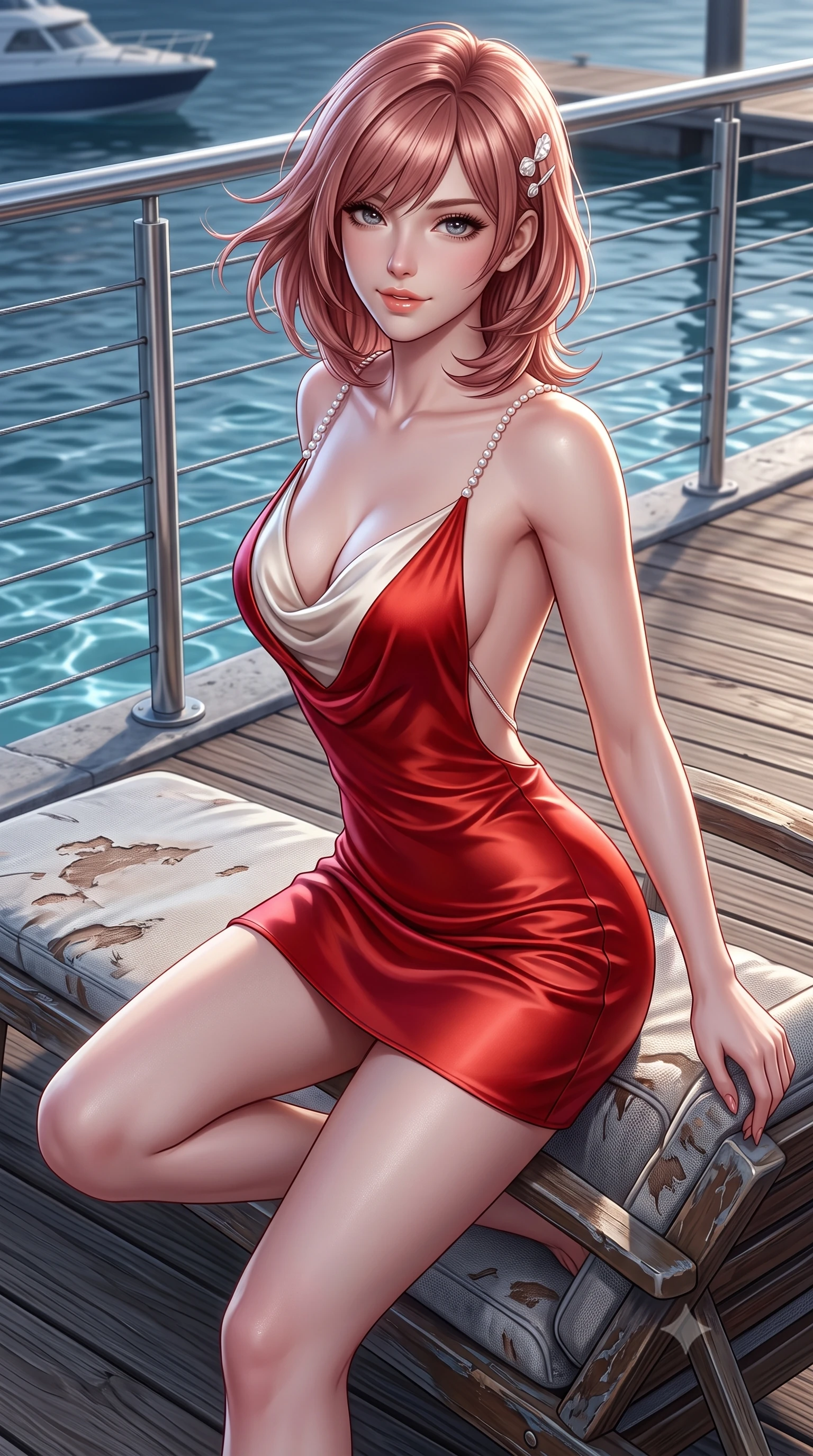 score_9, masterpiece, best quality, ultra-detailed, high-budget anime keyframe, semi-realistic 3D game render, editorial fashion photography, tasteful artistic composition, Japanese woman. close-up cowboy shot from the waist and thighs up, the character dominates the composition, filling the frame with her large presence. perched sideways on the lounge seat, one knee drawn up to showcase her slender leg line while her arched back accentuates her feminine hip curve while twisting her slender torso in an alluring S-curve, salty harbor winds molding her form-fitting dress to her feminine hourglass contours. The surrounding environment is rendered in vivid detail and crisp panoramic clarity: sharp boardwalk timber grain, stainless steel cable railing, and water wake ripple clarity in deep focus. She has an exceptionally elegant, slender, and willowy female figure with an ultra-slim waist, flat toned midriff, narrow ribcage, and sculpted feminine hips creating an alluring, slim hourglass silhouette without bulk. sharp v-shaped jawline, high-bridge nose, sparkling eyes with hypnotic seductive depth, thick curled eyelashes, glossy parted lips with a natural dewy peach sheen, alluring bedroom-eyes with an enchanting coquettish smile, exuding magnetic siren charisma and sophisticated glamour, flawlessly proportioned anatomical accuracy, strict slender model proportions, natural body alignment, perfectly sculpted long slender limbs, ultra-slim waistline, clean dynamic posture without body distortion. wearing a low-cut draped cowl-back satin slip mini dress with dainty pearl spaghetti straps in royal vermilion crimson and pale ivory silk, crafted from fluid liquid silk satin that clings smoothly to every curve with a dewy sheen, finished with delicate mother-of-pearl hairpin ornaments glinting in her dark glossy hair, the precision-cut side openings and low-back scoop framing her graceful spine and the sensual sweep of her slim, toned hips. illuminated by harbor water moonbeam bounce and sharp platinum rim lights defining her collarbones, narrow waist, and curvy hips. highly saturated vibrant anime colors, detailed shading with soft gradients, rich glossy textures, high-contrast stereoscopic depth, volumetric dynamic lighting, master piece, 9:16 ratio