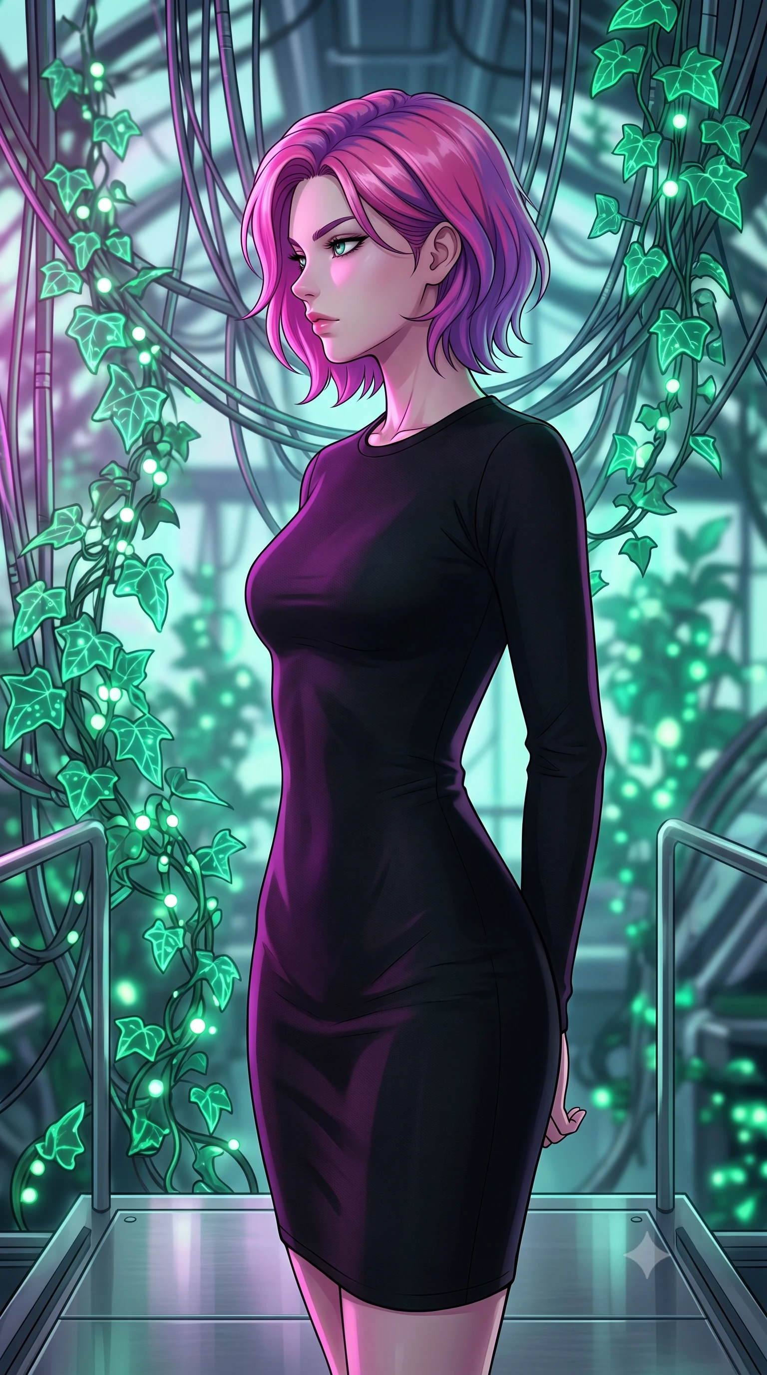 score_9, masterpiece, best quality, ultra-detailed, high-budget anime keyframe, tasteful artistic composition, Caucasian woman. close-up cowboy shot from the waist and thighs up, the character dominates the composition, filling the frame with her large presence, background elements kept in soft focus. turning her face in sharp profile, casting a cold, mysterious, yet intensely alluring side gaze, the background shows a soft-focus a cybernetic greenhouse loft with hanging cables intertwined with glowing digital ivy. She has an exceptionally elegant, slender, and willowy female figure with an ultra-slim waist, a gracefully sculpted slender torso, and a refined silhouette. sharp v-shaped jawline, high-bridge nose, intricate jewel-like eyes with depth, thick eyelashes, glossy lips with a natural sheen. wearing a form-contouring form-fitting black bodycon dress in structured crepe fabric with a simple crew neck. soft bioluminescent green light blending with neon magenta key light. highly saturated vibrant anime colors, cel-shading, 2d style, master piece, 9:16 ratio