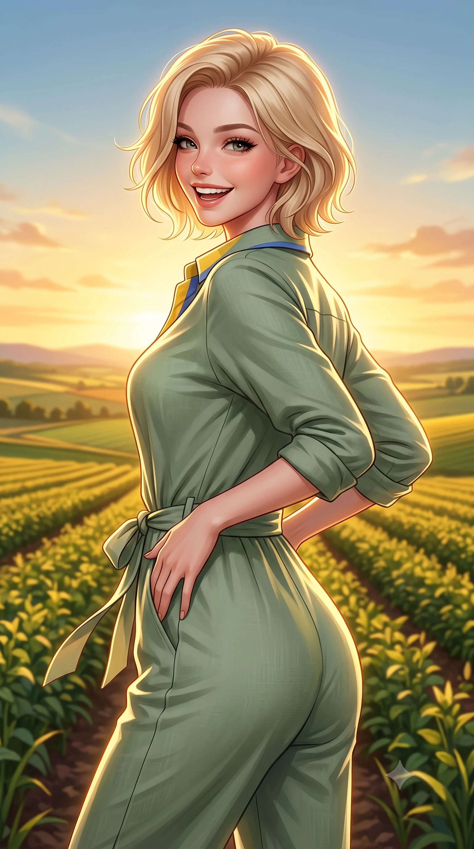 score_9, masterpiece, best quality, ultra-detailed, high-budget anime keyframe, semi-realistic 3D game render, editorial fashion photography, tasteful artistic composition, Caucasian woman. close-up cowboy shot from the waist and thighs up, the character dominates the composition, filling the frame with her large presence. resting one hand lightly on her waist while casting a charming, captivating side-gaze with thick eyelashes while turning back with a playful, joyful laugh as the setting sun creates a golden halo around her lovely silhouette. The surrounding environment is rendered in vivid detail and crisp panoramic clarity. warm high-contrast golden hour chiaroscuro and expansive agricultural countryside in precision. She has an exceptionally elegant, slender, and willowy female figure with an ultra-slim waist, a gracefully sculpted slender torso, toned flat midriff, and a refined slim silhouette. sharp v-shaped jawline, high-bridge nose, intricate jewel-like eyes with depth, thick eyelashes, glossy lips with a natural sheen, pure and lovely fresh girlhood expression, flawlessly proportioned anatomical accuracy, strict slender model proportions, natural body alignment, perfectly sculpted long slender limbs, ultra-slim waistline, clean dynamic posture without body distortion. wearing a relaxed sage green linen jumpsuit with a tied waist sash and folded collar in sunny daffodil yellow and french blue, tailored from crisp organic cotton poplin, accented with a dainty ribbon bow at the waistline, the chic real-way fashion cut emphasizing her effortless charm, flat midriff, and slender model proportions. illuminated by soft amber fill light highlighting her glowing complexion and joyful smile. highly saturated vibrant anime colors, detailed shading with soft gradients, rich glossy textures, high-contrast stereoscopic depth, volumetric dynamic lighting, master piece, 9:16 ratio