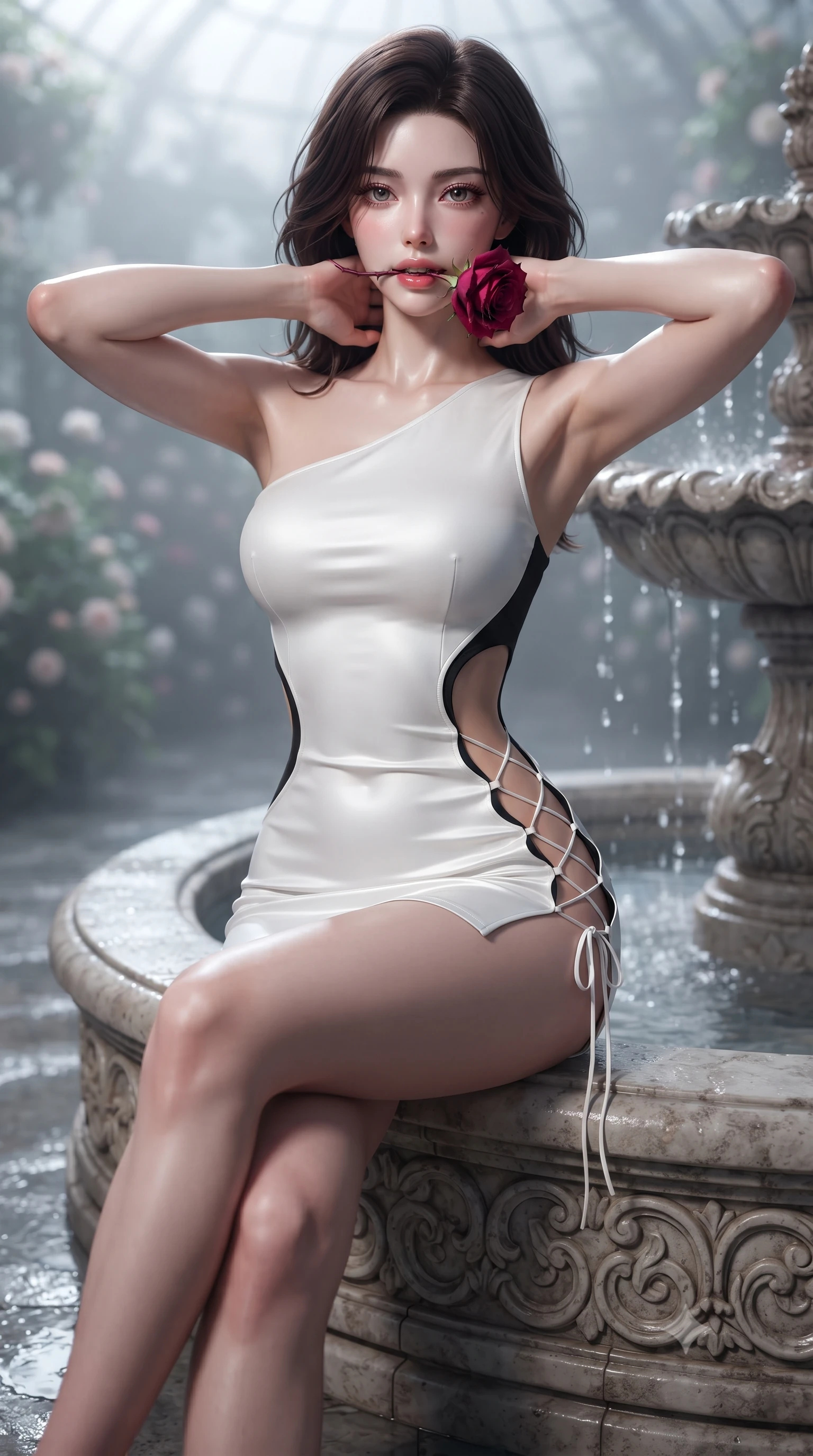 score_9, masterpiece, best quality, ultra-detailed, high-budget anime keyframe, editorial fashion photography, tasteful artistic composition, Korean woman. close-up cowboy shot from the waist and thighs up, the character dominates the composition, filling the frame with her large presence. resting both hands lightly behind her neck with elbows raised, arching her spine to highlight her narrow waist, flat midriff, and breathtaking collarbones while sitting perched on the carved stone fountain rim with legs crossed, holding a thorny deep-red rose near her parted glossy lips. The background shows a soft-focus rising floral greenhouse mist softened in romantic nocturnal shallow focus. She has an exceptionally elegant, slender, and willowy female figure with an ultra-slim waist, flat toned midriff, narrow ribcage, and sculpted feminine hips creating an alluring, slim hourglass silhouette without bulk. sharp v-shaped jawline, high-bridge nose, sparkling eyes with hypnotic seductive depth, thick curled eyelashes, glossy parted lips with a natural dewy peach sheen, alluring bedroom-eyes with an enchanting coquettish smile, exuding magnetic siren charisma and sophisticated glamour, flawlessly proportioned anatomical accuracy, strict slender model proportions, natural body alignment, perfectly sculpted long slender limbs, ultra-slim waistline, clean dynamic posture without body distortion. wearing an asymmetric one-shoulder white neoprene mini dress with sharp laser-cut side openings framing her spine and hips in dual-tone high-contrast avant-garde monochrome, crafted from fluid liquid silk satin that clings smoothly to every curve with a dewy sheen, finished with fine criss-cross lace-up side ties revealing tantalizing glimpses of her hip curve, the precision-cut side openings and low-back scoop framing her graceful spine and the sensual sweep of her slim, toned hips. illuminated by wet stone floor reflections and sharp platinum rim lights defining her delicate clavicles, ultra-slim waist, and curvy hips. ultra-reflective glossy finish, specular highlights, rich textural contrasts, high-contrast stereoscopic depth, volumetric dynamic lighting, 2k, ultra detail, master piece, 9:16 ratio