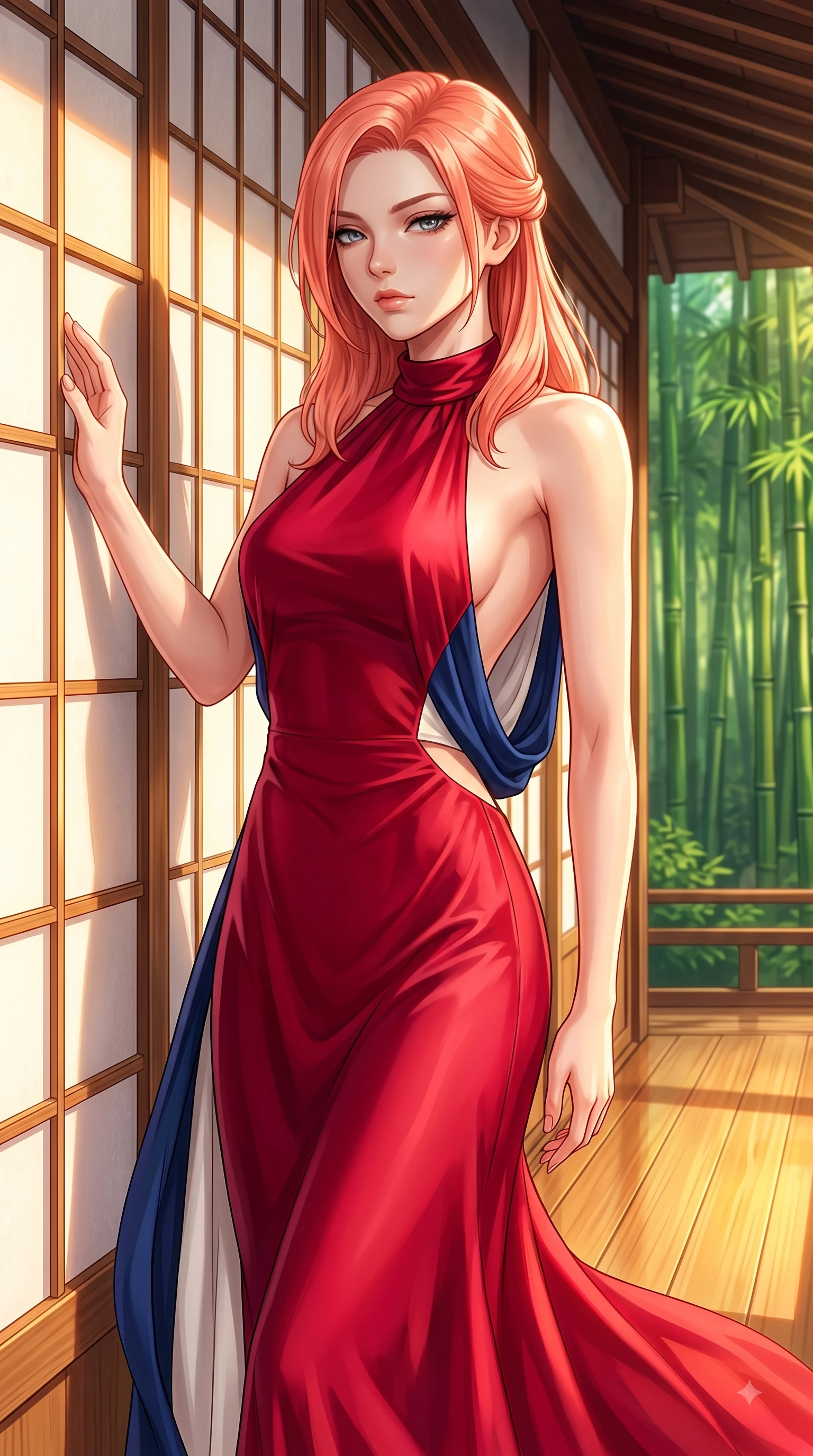 score_9, masterpiece, best quality, ultra-detailed, high-budget anime keyframe, editorial fashion photography, tasteful artistic composition, Japanese woman. close-up cowboy shot from the waist and thighs up, the character dominates the composition, filling the frame with her large presence. Cool disdainful expression looking past the camera with effortless superiority and a stoic facial line while leaning against a sun-drenched paper screen door with a serene, magnetic pose. The surrounding environment is rendered in vivid detail and crisp panoramic clarity. rich oriental architectural details and vibrant bamboo green textures in panoramic sharpness. She has an exceptionally elegant, slender, and willowy female figure with an ultra-slim waist, a gracefully sculpted slender torso, and a refined silhouette. sharp v-shaped jawline, high-bridge nose, intricate jewel-like eyes with depth, thick eyelashes, glossy lips with a natural sheen, flawlessly proportioned anatomical accuracy, natural body alignment, perfectly sculpted elegant limbs, clean dynamic posture without body distortion. wearing a dramatic crimson silk halter-neck gown with a draped open-back silhouette in royal navy blue and pure ivory, woven from fine lightweight chiffon fluttering gracefully, complemented by clean architectural seams and subtle cutouts, the fluid drape swaying gracefully with her dynamic editorial movement. illuminated by warm golden sunlight reflecting off polished wooden verandas. highly saturated vibrant anime colors, detailed shading with soft gradients, rich glossy textures, high-contrast stereoscopic depth, volumetric dynamic lighting, master piece, 9:16 ratio