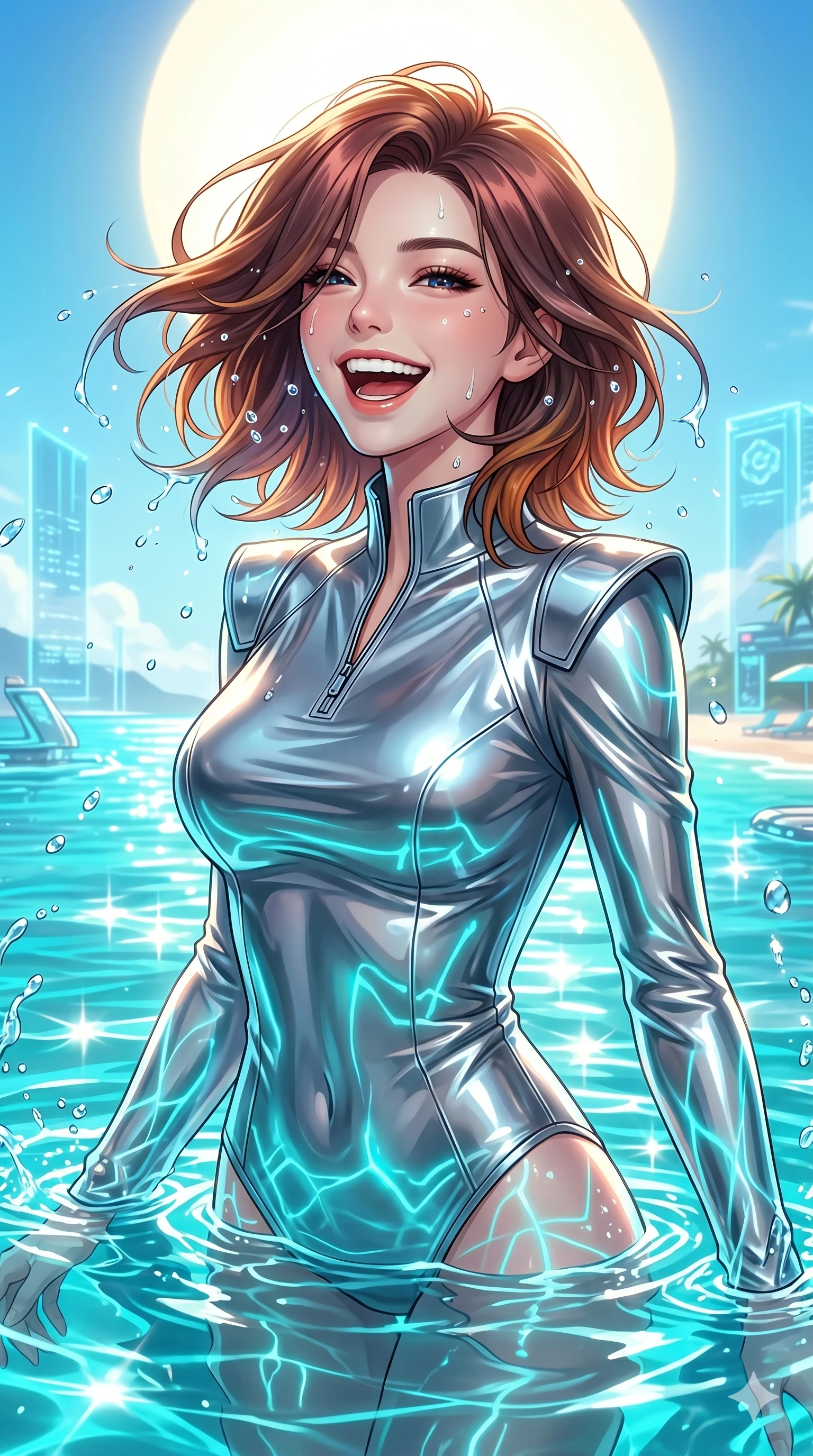 score_9, masterpiece, best quality, ultra-detailed, high-budget anime keyframe, Korean woman. Upper body close-up from the thighs up, character filling the screen for maximum presence. She is emerging from a virtual holographic ocean under a giant artificial sun. She tilts her head, shaking water droplets from her hair with a free-spirited, joyful laugh. She has an absolutely perfect 8-heads proportion, a tall and elegant figure with a refined silhouette and a defined waistline. V-shaped jawline, high-bridge nose, intricate jewel-like eyes with depth, thick eyelashes, glossy lips with a natural sheen. She is wearing a sleek tailored top in liquid-chrome finish that complements her silhouette, styled with sophisticated architectural shoulder accents and a modern zip collar. The scene is drenched in bright midday beach sun and sparkling caustic reflections from the neon turquoise water. 2k, ultra detail, master piece, 9:16 ratio