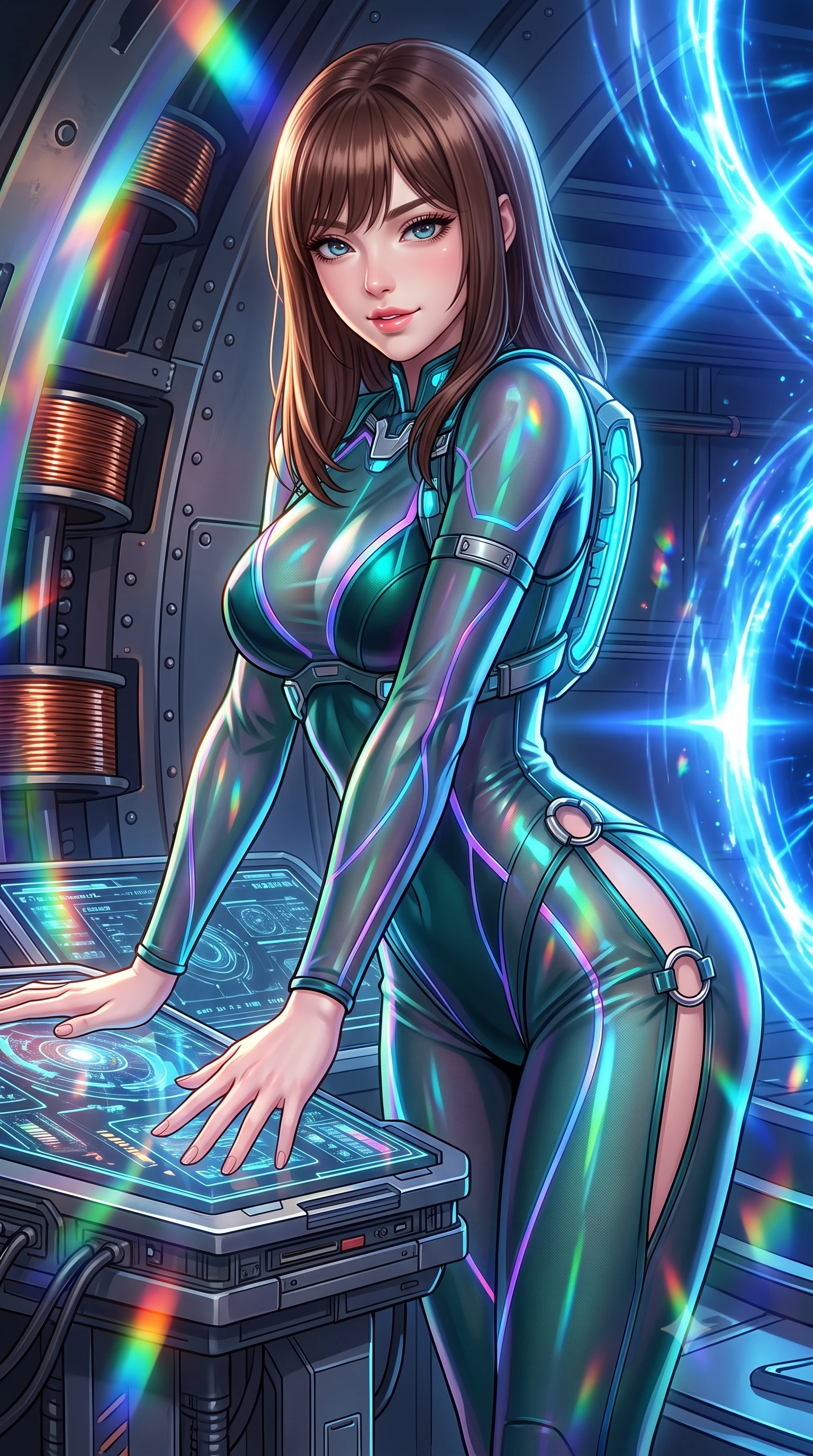 score_9, masterpiece, best quality, ultra-detailed, high-budget anime keyframe, semi-realistic 3D game render, editorial fashion photography, tasteful artistic composition, Korean woman. close-up cowboy shot from the waist and thighs up, the character dominates the composition, filling the frame with her large presence. resting both hands lightly on the holoscreen pedestal while leaning toward the lens with a teasing smirk, her tight combat suit hugging her narrow waist and feminine hip curve while lounging in the operator observation pod propped on one hand, her long slender legs and hourglass curves commanding the warp horizon. The surrounding environment is rendered in vivid detail and crisp panoramic clarity: sharp magnetic coil copper windings, launch platform structural rivets, and energy field distortion clarity in deep focus. She has an exceptionally elegant, slender, and willowy female figure with an ultra-slim waist, flat toned midriff, narrow ribcage, and sculpted feminine hips creating an alluring, slim hourglass silhouette without bulk. sharp v-shaped jawline, high-bridge nose, intricate jewel-like sparkling eyes with depth, thick eyelashes, glossy parted lips with a natural sheen, bright confident smile with an enchanting and coquettish sensual glint, exuding both youthful magnetic charm and sovereign high-tech allure, flawlessly proportioned anatomical accuracy, strict slender model proportions, natural body alignment, perfectly sculpted long slender limbs, ultra-slim waistline, clean dynamic posture without body distortion. wearing a form-contouring exo-suit chassis with glowing cyan hydraulic spine braces worn over an ultra-slim bodysuit in dark emerald teal and ultraviolet glow lines, woven from layered gossamer holographic organza casting chromatic prism reflections, finished with sharp laser-cut side ventilation slits framed by silver hardware rings, the liquid-tight tailored fabric clinging flawlessly to her narrow waist and rounded feminine hips, emphasizing every millimeter of her sculpted slim hourglass curves without any bulky heaviness. bathed in radiant chromatic prism light and intense electric blue warp ring flashes. highly saturated vibrant anime colors, detailed shading with soft gradients, rich glossy textures, high-contrast stereoscopic depth, volumetric dynamic lighting, master piece, 9:16 ratio