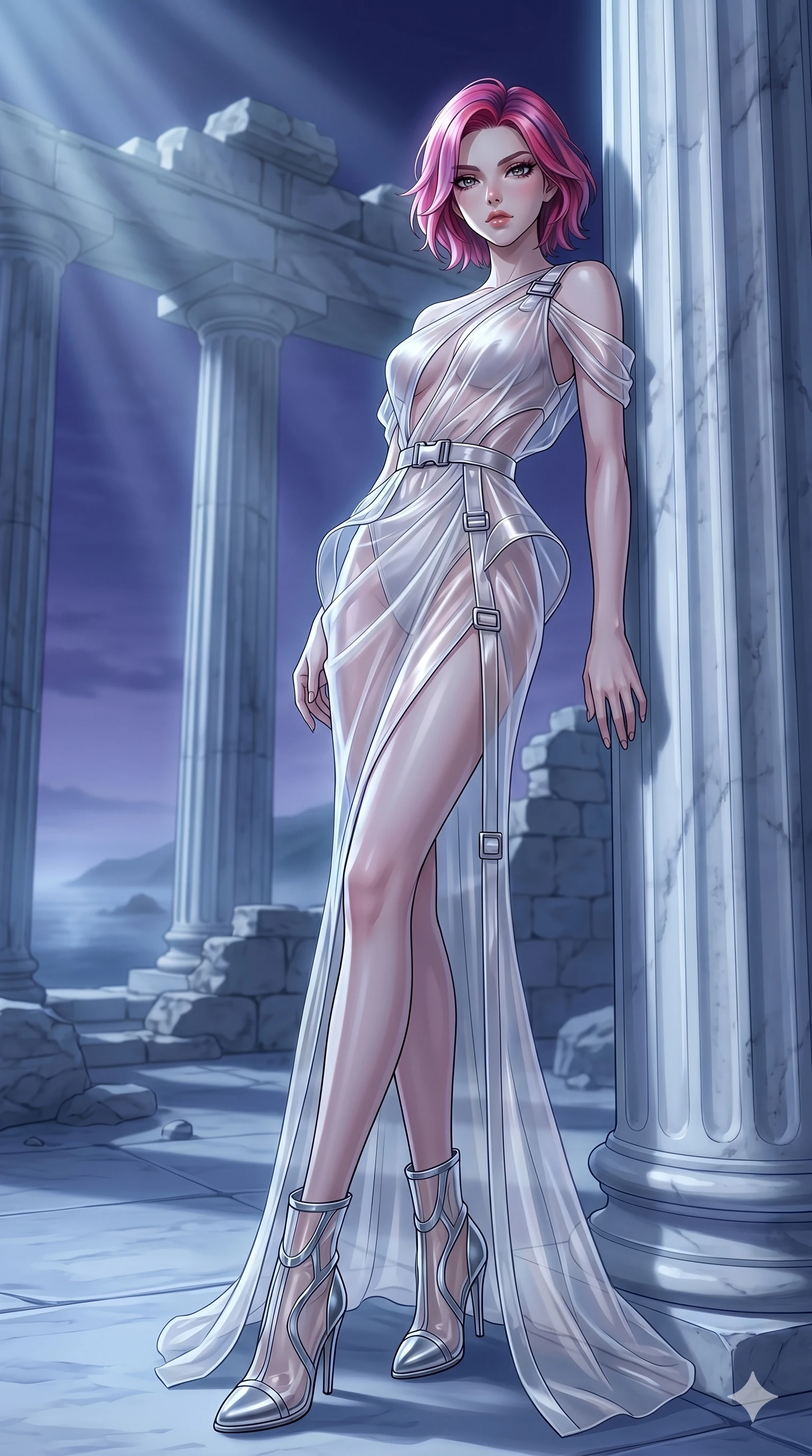 score_9, masterpiece, best quality, ultra-detailed, High-budget Anime Keyframe, East Asian woman. Low angle cowboy shot filling the entire 9:16 frame with her statuesque presence. Scenario 113: Leaning against a cold marble pillar in a moonlit greek temple. Her presence is magnetic and overpowering in this high-budget anime scene. Outfit 113: A sheer organza liquid with a sculptural leg-extending silhouette and metallic buckles. The clothing is designed to emphasize her exceptionally tall and slender 8-heads proportion. 8-heads proportion, towering silhouette, ultra-slim waist. sharp v-shaped jawline, intricate jewel-like eyes with depth, thick eyelashes, glossy lips. 2k, ultra detail, master piece, 9:16 ratio