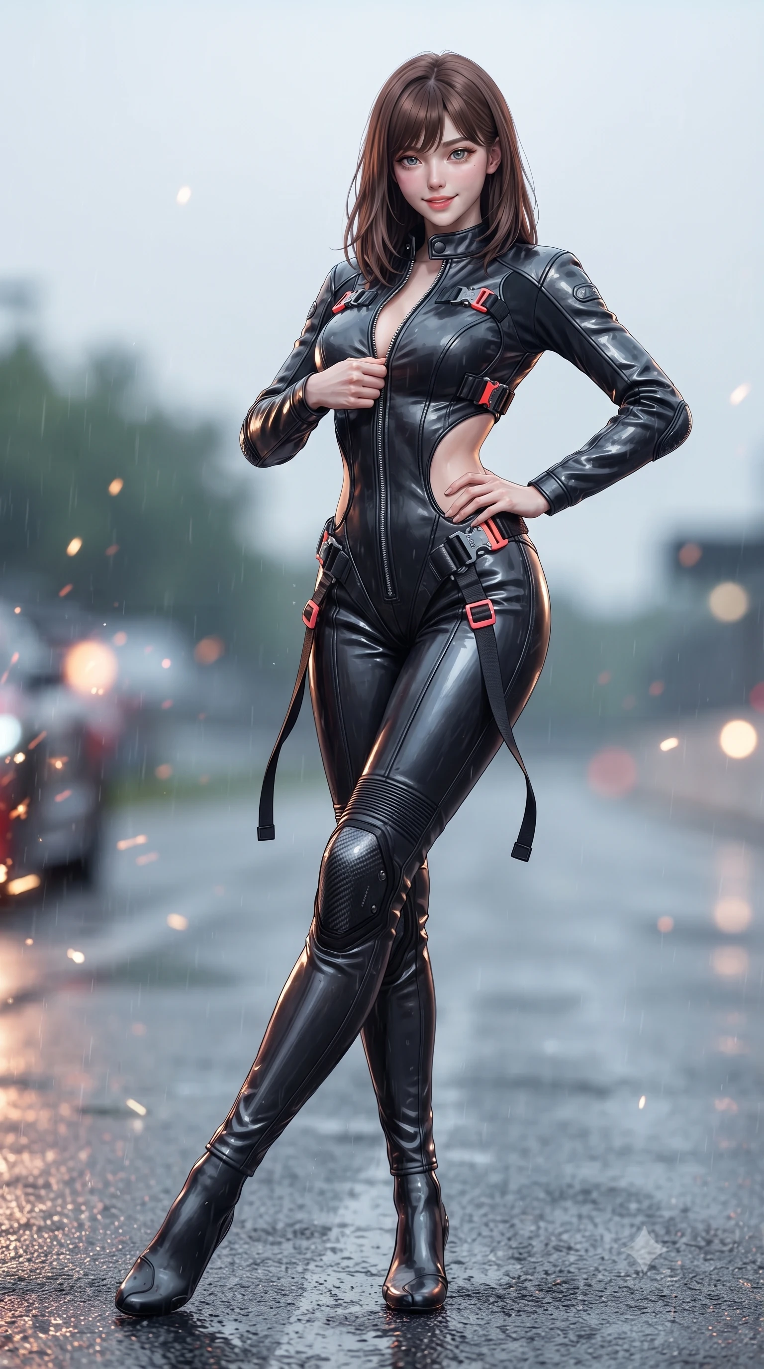 score_9, masterpiece, best quality, ultra-detailed, high-budget anime keyframe, editorial fashion photography, tasteful artistic composition, Korean woman. low angle full-body shot from head to toe showing her feet, filling the entire 9:16 vertical frame with her statuesque presence, stretching her vertical silhouette. pivoting dynamically with supreme athletic balance, her impossibly long slender legs and ultra-slim waist creating a mesmerizing vertical line while unzipping her leather racing suit with a slow, teasing smile, eyes locked with daring magnetism on the viewer. The composition keeps background elements in soft focus with creamy bokeh. rain-slicked asphalt reflections and turbo exhaust sparks scattering vivid chromatic light motes. She has an absolutely perfect, statuesque 8.5-heads proportion, an exceptionally tall and slender model-like female figure with impossibly long slender legs, a toned flat midriff, and an ultra-slim waist. sharp v-shaped jawline, high-bridge nose, intricate jewel-like eyes with depth, thick eyelashes, glossy parted lips with a natural sheen, intensely captivating and seductive expression, flawlessly proportioned anatomical accuracy, strict slender model proportions, natural body alignment, perfectly sculpted long slender limbs, ultra-slim waistline, clean dynamic posture without body distortion. wearing a high-collar leather speedsuit featuring bold side-torso cutouts and quick-release titanium buckles in metallic gunmetal and blazing neon coral, crafted from compression knit fabric sculpting her athletic hourglass lines, accented with hanging industrial clip straps and carbon fiber knee sliders, the precision-cut daring openings accentuating her delicate midriff, graceful bare collarbones, and ultra-slim feminine waistline. surrounded by a fierce, electrifying, and irresistibly intoxicating motorsport queen aura. ultra-reflective glossy finish, specular highlights, rich textural contrasts, high-contrast stereoscopic depth, volumetric dynamic lighting, 2k, ultra detail, master piece, 9:16 ratio