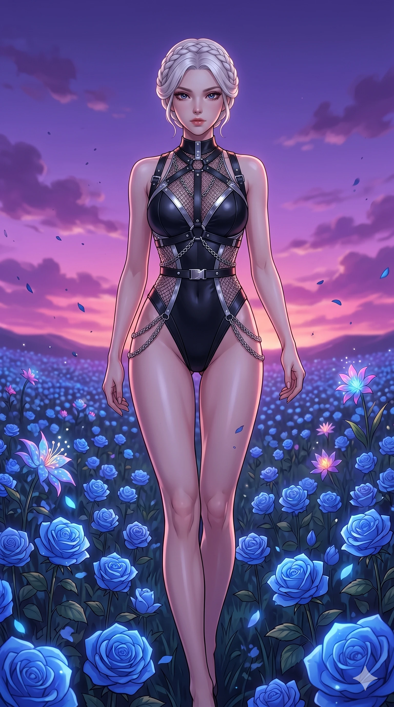 score_9, masterpiece, best quality, ultra-detailed, High-budget Anime Keyframe, beautiful Korean anime girl. Upper body close-up from the thighs up, character filling the screen for maximum presence. Walking through a field of blue roses under a lavender sky at dusk. She has an absolutely perfect 8-heads proportion, an exceptionally tall and slender female figure with impossibly long slender legs and an ultra-slim waist. Sharp v-shaped jawline, high-bridge nose, intricate jewel-like eyes with depth, thick eyelashes, glossy lips with a natural sheen. Wearing a K-Idol Stage outfit: high-cut bodysuit with a leather harness and silver mesh. Background is a bright and colorful meadow with glowing flowers and a vibrant purple sunset. 2k, ultra detail, master piece, 9:16 ratio