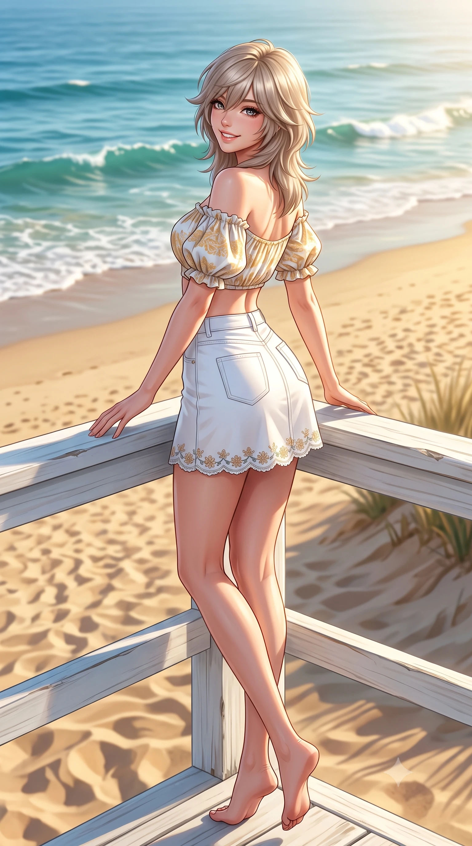 score_9, masterpiece, best quality, ultra-detailed, high-budget anime keyframe, semi-realistic 3D game render, editorial fashion photography, tasteful artistic composition, Japanese woman. low angle full-body shot from head to toe showing her feet, filling the entire 9:16 vertical frame with her statuesque presence, stretching her vertical silhouette. executing a cheerful mid-motion pivot turn as her skirt flutters around her slender legs, glancing over her shoulder with an intoxicating, teasing cute expression while perching on the white timber railing of a beachfront cottage deck, arching her back as turquoise Pacific waves lap gently onto golden sand. The surrounding environment is rendered in vivid detail and crisp panoramic clarity. sharp weathered white timber grain, sand dune textures, and ocean wave crest caustics in deep focus. She has an exceptionally tall and slender model-like 8.5-heads proportion, an ultra-slim waist, a flat toned midriff, narrow delicate ribcage, and beautifully sculpted feminine hips creating a graceful, slim hourglass silhouette without any bulky heaviness, with impossibly long slender legs. sharp v-shaped jawline, high-bridge nose, intricate jewel-like sparkling eyes with depth, thick eyelashes, glossy parted lips with a natural peach sheen, bright cheerful beaming smile with an enchanting and coquettish sensual glint, exuding both youthful cute charm and seductive allure, flawlessly proportioned anatomical accuracy, strict slender model proportions, natural body alignment, perfectly sculpted long slender limbs, ultra-slim waistline, clean dynamic posture without body distortion. wearing an off-shoulder puff-sleeve crop blouse with a tight high-waisted denim A-line mini skirt emphasizing her curvy hips in pure alabaster white and sun-kissed gold, crafted from liquid-tight stretch jersey emphasizing every curve, complemented by delicate embroidered floral trim along the hem, the precision-cut side openings and low-back scoop framing her graceful spine and the sensual sweep of her slim, toned hips. bathed in brilliant golden hour California sunlight streaming across the ocean water. highly saturated vibrant anime colors, detailed shading with soft gradients, rich glossy textures, high-contrast stereoscopic depth, volumetric dynamic lighting, master piece, 9:16 ratio