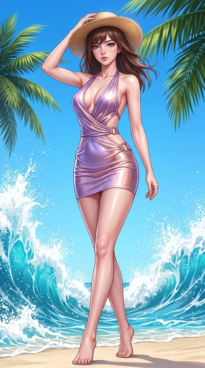 score_9, masterpiece, best quality, ultra-detailed, high-budget anime keyframe, semi-realistic 3D game render, editorial fashion photography, tasteful artistic composition, Korean woman. low angle full-body shot from head to toe showing her feet, fil