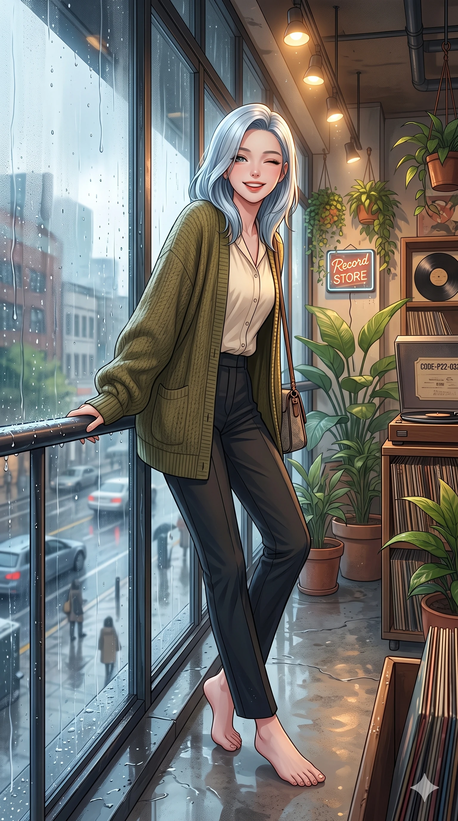 score_9, masterpiece, best quality, ultra-detailed, high-budget anime keyframe, vibrant anime aesthetic, Korean woman. low angle full-body shot from head to toe showing her feet, filling the entire 9:16 vertical frame with her statuesque presence, stretching her vertical silhouette. She is leaning back on a wet, rain-slicked railing, winking and smiling delightfully, with a bright, joyful gaze surrounded by fresh morning mist. by the window of a cozy vintage record store, looking at the street through rain-streaked window panes (Code-P22-033). She has an absolutely perfect 8-heads proportion, an exceptionally tall and slender female figure with impossibly long slender legs and an ultra-slim waist. V-shaped jawline, high-bridge nose, intricate jewel-like eyes with depth, thick eyelashes, glossy lips with a natural sheen. wearing an oversized olive green knit cardigan over a buttoned cotton blouse and tailored trousers with a designer bag. She is illuminated by warm overhead spotlights inside the plant conservatory dome, casting soft shadows that enhance her features during a refreshing sun shower. 2k, ultra detail, master piece, 9:16 ratio