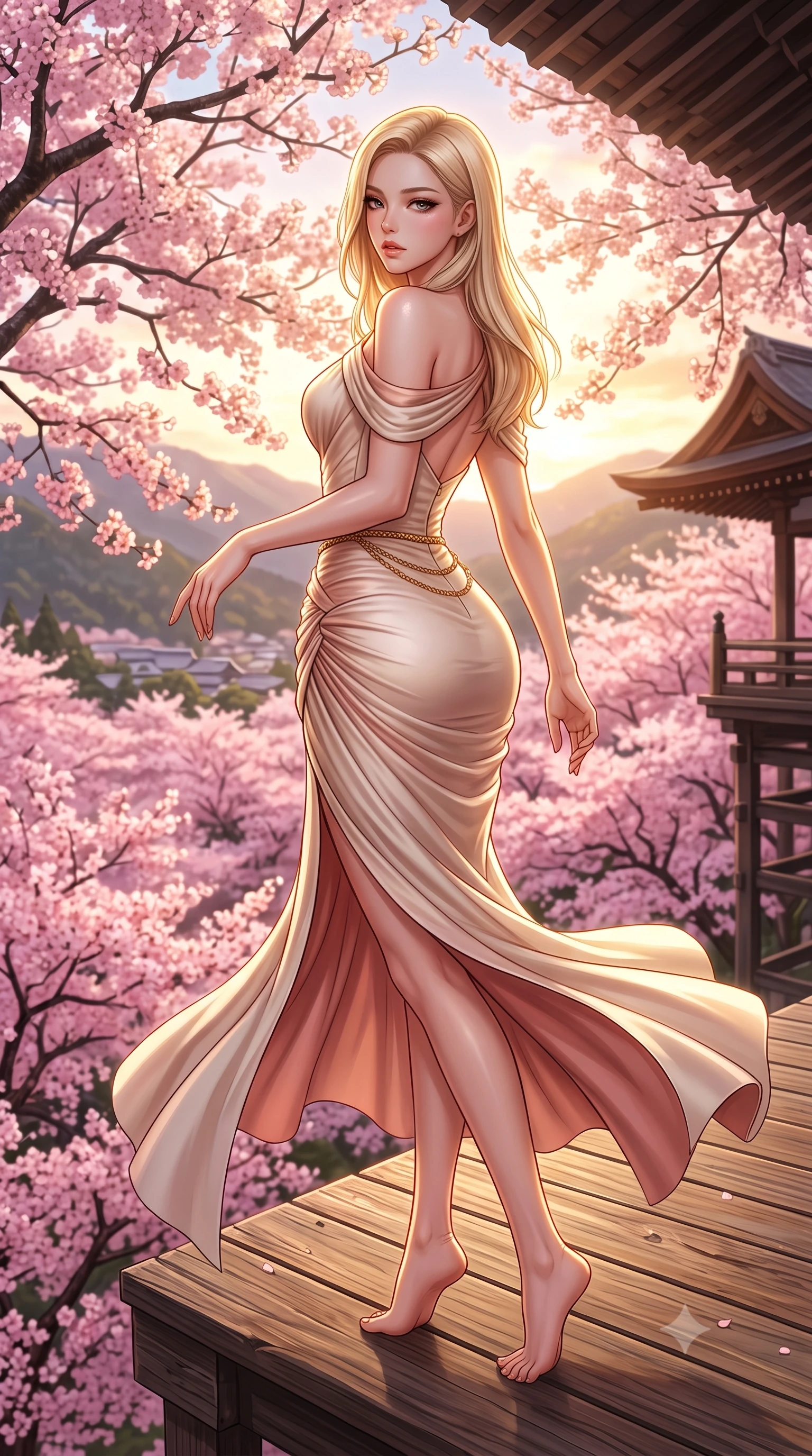 score_9, masterpiece, best quality, ultra-detailed, high-budget anime keyframe, semi-realistic 3D game render, editorial fashion photography, tasteful artistic composition, Korean woman. low angle full-body shot from head to toe showing her feet, filling the entire 9:16 vertical frame with her statuesque presence, stretching her vertical silhouette. executing an elegant mid-motion pivot turn as garments swirl around her slender limbs, glancing over her shoulder with an intoxicating bedroom-gaze while standing on the monumental 13-meter high cantilevered timber stage, arching her back as a vast sea of blooming pink cherry blossoms billows below. The surrounding environment is rendered in vivid detail and crisp panoramic clarity. detailed silk kimono or modern fusion gown weave, sunset sheen on skin, and Kyoto valley landscape in high clarity. She has an exceptionally tall and slender model-like 8.5-heads proportion, an ultra-slim waist, a flat toned midriff, narrow delicate ribcage, and beautifully sculpted feminine hips creating a graceful, slim hourglass silhouette without any bulky heaviness, with impossibly long slender legs. sharp v-shaped jawline, high-bridge nose, intricate jewel-like eyes with depth, thick eyelashes, glossy parted lips with a natural sheen, intensely captivating and seductive bedroom-eyes expression, flawlessly proportioned anatomical accuracy, strict slender model proportions, natural body alignment, perfectly sculpted long slender limbs, ultra-slim waistline, clean dynamic posture without body distortion. wearing a form-contouring cocktail dress with an asymmetrical open shoulder and hip-defining ruching in vintage champagne ivory and delicate rose gold, made of fluid silk crepe with delicate inner corsetry boning, accented with a delicate gold chain belt resting loosely on her curvy hips, the second-skin form-contouring cut accentuating her sculpted flat midriff, narrow delicate ribcage, and gracefully curvy hips with supermodel precision. bathed in breathtaking golden hour sunset backlighting filtered through cherry blossom branches. highly saturated vibrant anime colors, detailed shading with soft gradients, rich glossy textures, high-contrast stereoscopic depth, volumetric dynamic lighting, master piece, 9:16 ratio