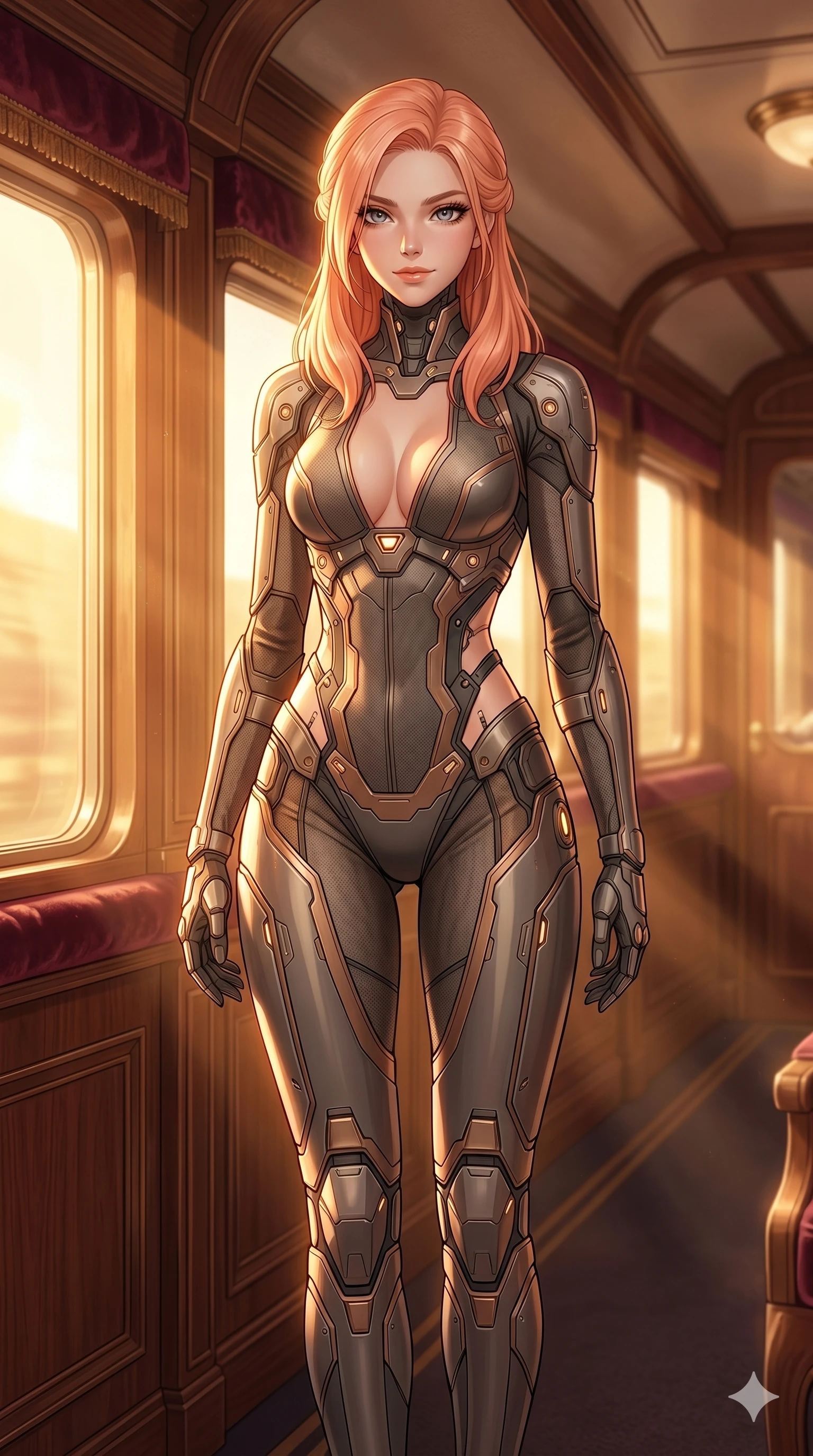 score_9, masterpiece, best quality, ultra-detailed, high-budget anime keyframe, editorial fashion photography, tasteful artistic composition, Japanese woman. cowboy shot from the thighs up, character and outfit filling the frame for maximum editorial presence. posing with quiet self-assurance, looking directly into the lens with a confident grin inside a luxury train cabin with wood paneling and large windows (Code-P17-078). She has an absolutely perfect 8-heads proportion, an exceptionally tall and slender female figure with impossibly long slender legs and an ultra-slim waist. V-shaped jawline, high-bridge nose, intricate jewel-like eyes with depth, thick eyelashes, glossy lips with a natural sheen. wearing a cybernetic combat suit with a plunging neckline and exposed waist. bathed in warm golden afternoon sunbeams, casting a warm glowing aura on her. 2k, ultra detail, master piece, 9:16 ratio