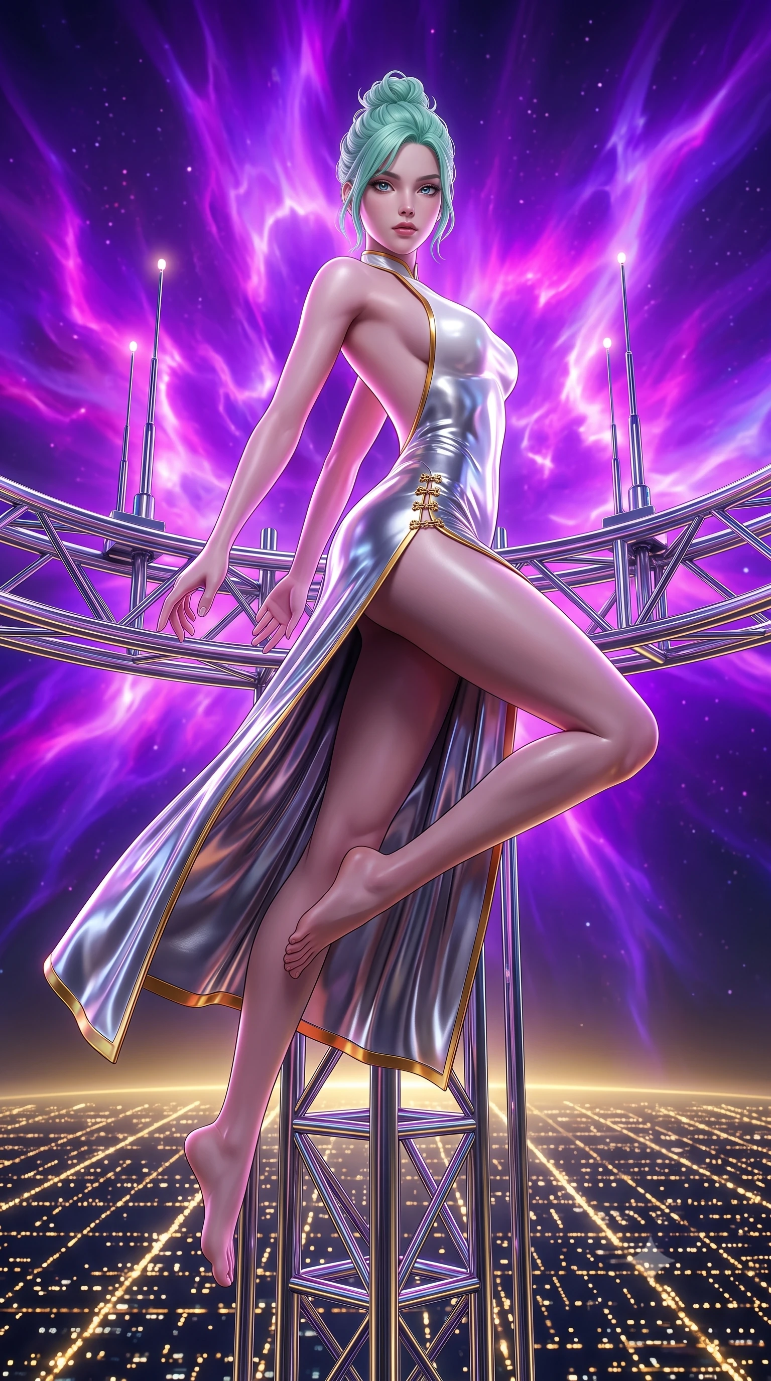 score_9, masterpiece, best quality, ultra-detailed, high-budget anime keyframe, semi-realistic 3D game render, editorial fashion photography, tasteful artistic composition, Japanese woman. low angle full-body shot from head to toe showing her feet, filling the entire 9:16 vertical frame with her statuesque presence, stretching her vertical silhouette. performing an alluring mid-air vault with flawless poise, looking directly into the camera with regal, divine intensity while arching her spine in a fluid stretch under the vast cosmic aurora with endless city light grids stretching below. The surrounding environment is rendered in vivid detail and crisp panoramic clarity. detailed chrome spire framework, glowing antenna LED beacons, and distant city building spires in deep focus. She has an absolutely perfect, statuesque 8.5-heads proportion, an exceptionally tall and slender model-like female figure with impossibly long slender legs, a toned flat midriff, and an ultra-slim waist. sharp v-shaped jawline, high-bridge nose, intricate jewel-like eyes with depth, thick eyelashes, glossy lips with a natural sheen, flawlessly proportioned anatomical accuracy, strict slender model proportions, natural body alignment, perfectly sculpted long slender limbs, ultra-slim waistline, clean dynamic posture without body distortion. wearing a backless molten silver liquid-metal gown with a high-cut side slit and precision-fitted waist boning in pristine liquid pearl white and radiant solar gold trim, formed from high-gloss patent material with specular chiaroscuro reflections, finished with an ultra-high side slit secured by miniature magnetic clasps, the liquid-tight tailored fabric emphasizing every curve of her tall, slender model proportions and sculptured silhouette during dynamic movement. bathed in vivid violet and electric magenta plasma aurora backlighting with golden city ground bounce. rich saturated anime colors with glowing neon highlights, detailed shading with soft gradients, rich glossy textures, high-contrast stereoscopic depth, volumetric dynamic lighting, master piece, 9:16 ratio