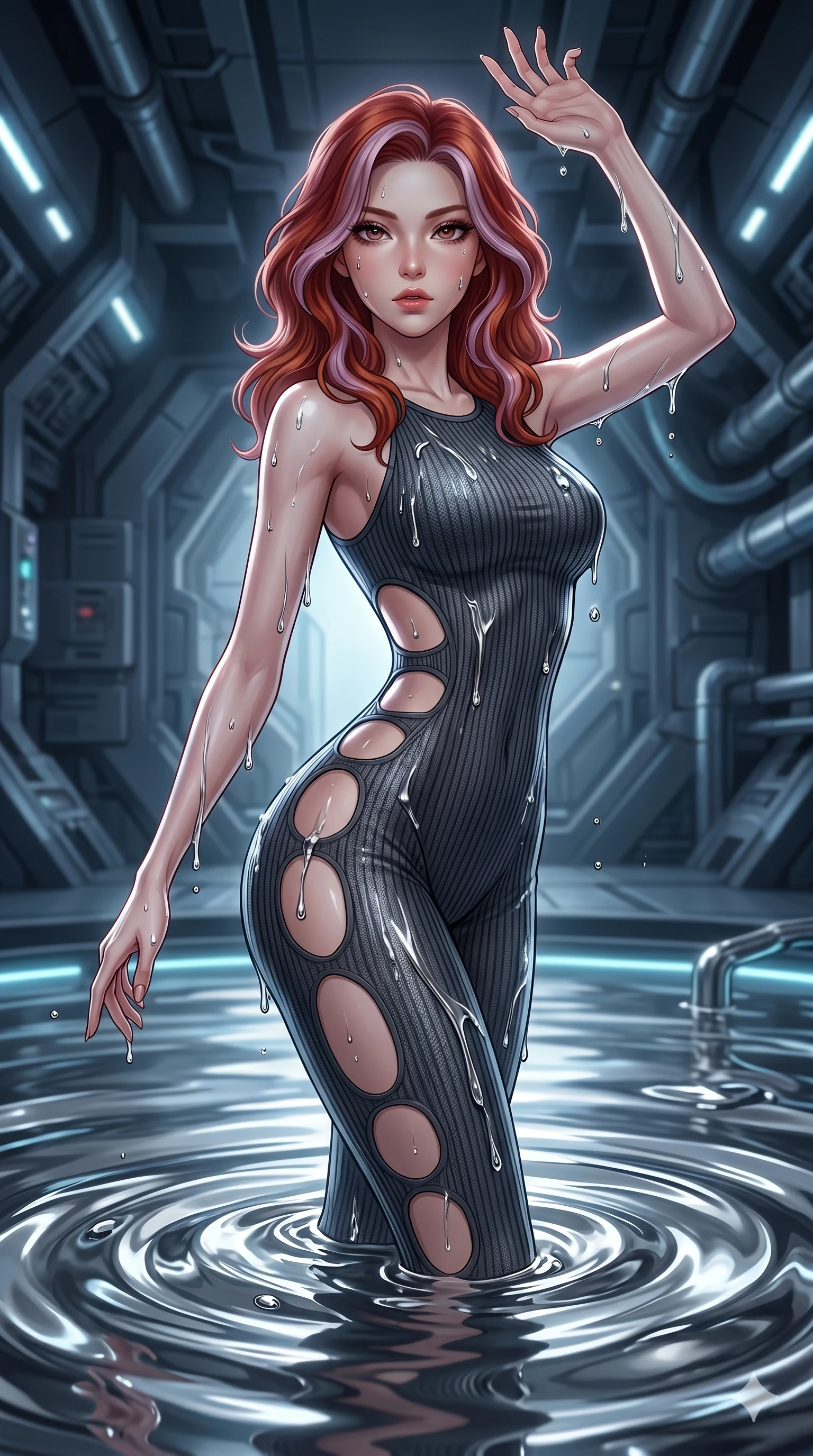score_9, masterpiece, best quality, ultra-detailed, High-budget Anime Keyframe, East Asian woman. Dynamic full-body shot stretching the vertical silhouette to the limit. Scenario 34: Rising from a pool of mercury-like liquid, droplets rolling off her skin. Her presence is magnetic and overpowering in this high-budget anime scene. Outfit 34: A ribbed bodycon knit micro-mesh with a strategic side cut-outs and tight-fitting silhouette. The clothing is designed to emphasize her exceptionally tall and slender 8-heads proportion. 8-heads proportion, towering silhouette, ultra-slim waist. sharp v-shaped jawline, intricate jewel-like eyes with depth, thick eyelashes, glossy lips. 2k, ultra detail, master piece, 9:16 ratio