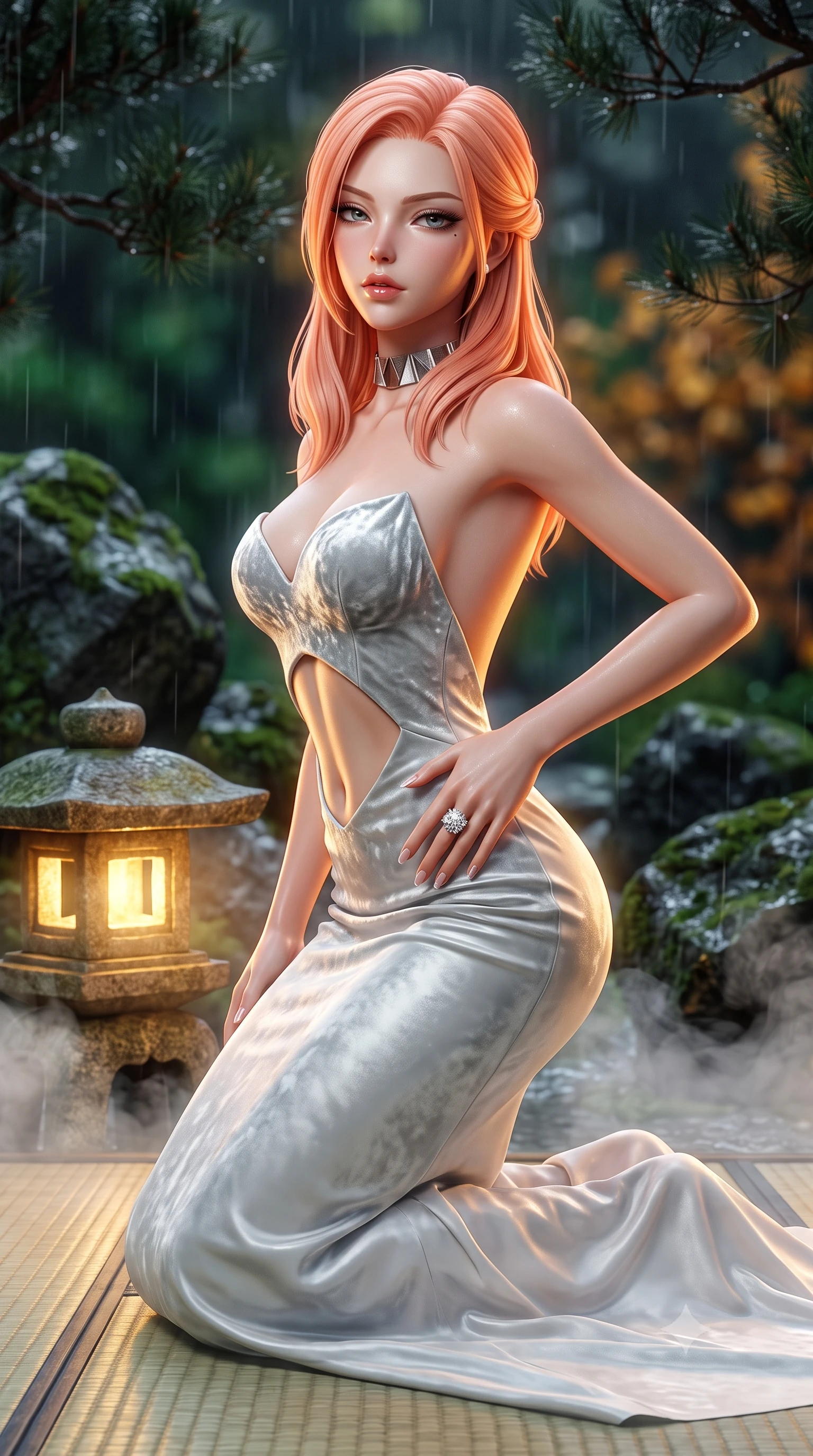 score_9, masterpiece, best quality, ultra-detailed, high-budget anime keyframe, semi-realistic 3D game render, editorial fashion photography, tasteful artistic composition, Japanese woman. close-up cowboy shot from the waist and thighs up, the character dominates the composition, filling the frame with her large presence. resting one manicured hand delicately on her hip bone, her upper body turning in a fluid, seductive S-curve while parted lips glisten in the light while kneeling gracefully on the tatami deck beside a glowing stone lantern, one hand resting on her bare hip as river mist curls around her. The composition keeps background elements in soft focus with creamy bokeh. rain-slicked mossy boulders and dark pine branches blurred into deep emerald, warm amber, and charcoal-rain bokeh. She has an exceptionally elegant, slender, and willowy female figure with an ultra-slim waist, flat toned midriff, narrow ribcage, and sculpted feminine hips creating an alluring, slim hourglass silhouette without bulk. sharp v-shaped jawline, high-bridge nose, intricate jewel-like eyes with depth, thick eyelashes, glossy parted lips with a natural sheen, intensely captivating and seductive bedroom-eyes expression, flawlessly proportioned anatomical accuracy, strict slender model proportions, natural body alignment, perfectly sculpted long slender limbs, ultra-slim waistline, clean dynamic posture without body distortion. wearing a deep sweetheart neckline crushed velvet corseted ballgown with an exposed midriff cutout in shimmering silver mercury and pearl white, made of fluid silk crepe with delicate inner corsetry boning, complemented by a bold geometric choker and sparkling cocktail ring, the dramatically scooped open back descending to the base of her spine, accentuating her razor-sharp statuesque lines and slim hourglass silhouette. bathed in soft rain-drenched cool ambient daylight and warm golden stone lantern downlights. highly saturated vibrant anime colors, detailed shading with soft gradients, rich glossy textures, high-contrast stereoscopic depth, volumetric dynamic lighting, master piece, 9:16 ratio
