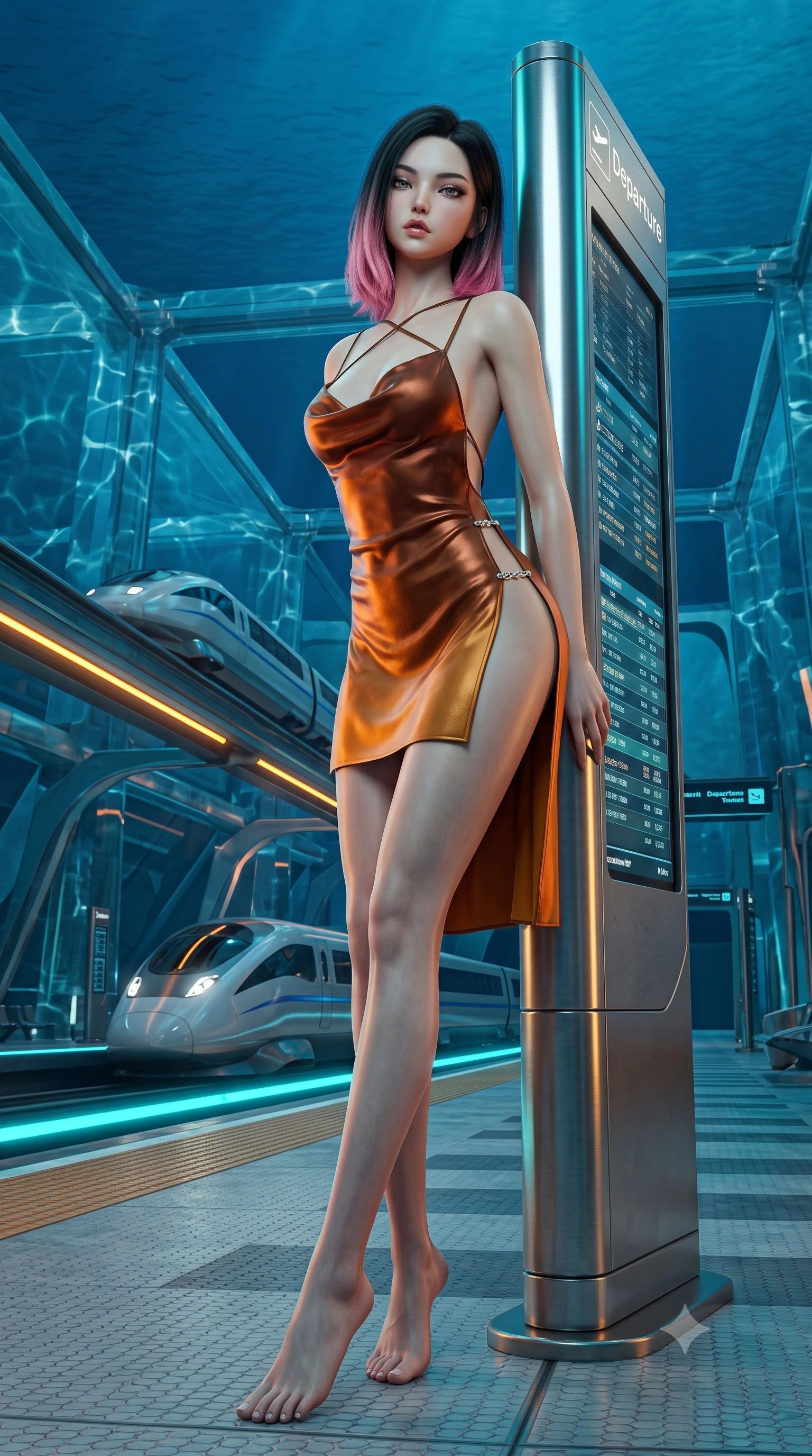 score_9, masterpiece, best quality, ultra-detailed, high-budget anime keyframe, semi-realistic 3D game render, editorial fashion photography, tasteful artistic composition, Korean woman. low angle full-body shot from head to toe showing her feet, filling the entire 9:16 vertical frame with her statuesque presence, stretching her vertical silhouette. leaning deep against the structural architecture with hips cocked in an unapologetically bold, seductive high-fashion stance while leaning back against an illuminated titanium departure totem with hips cocked, casting a cool, dangerous bedroom-gaze past arriving aerodynamic bullet pods. The surrounding environment is rendered in vivid detail and crisp panoramic clarity. detailed wet-look vinyl texture, aquatic light caustics on skin, and submerged underwater structural clarity in high resolution. She has an exceptionally tall and slender model-like 8.5-heads proportion, an ultra-slim waist, a flat toned midriff, narrow delicate ribcage, and beautifully sculpted feminine hips creating a graceful, slim hourglass silhouette without any bulky heaviness, with impossibly long slender legs. sharp v-shaped jawline, high-bridge nose, intricate jewel-like eyes with depth, thick eyelashes, glossy parted lips with a natural sheen, intensely captivating and seductive bedroom-eyes expression, flawlessly proportioned anatomical accuracy, strict slender model proportions, natural body alignment, perfectly sculpted long slender limbs, ultra-slim waistline, clean dynamic posture without body distortion. wearing a backless cowl-neck satin slip dress featuring high-cut side hip slits and delicate criss-cross back straps in rich copper bronze and warm amber, formed from supple second-skin lambskin leather with specular sheen, finished with an ultra-high side slit secured by miniature jeweled clasps, the form-contouring material adhering flawlessly to her sculpted flat midriff and slender torso, emphasizing her long leg lines and perfectly proportioned willowy build. bathed in high-contrast cyan and amber track edge lights contrasting with deep ocean blue overhead ambient glow. highly saturated vibrant anime colors, detailed shading with soft gradients, rich glossy textures, high-contrast stereoscopic depth, volumetric dynamic lighting, master piece, 9:16 ratio