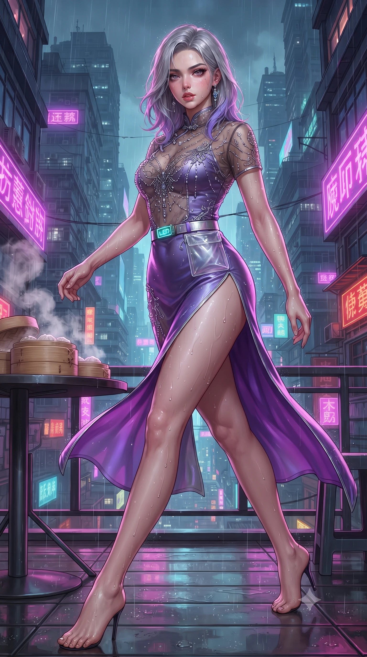 score_9, masterpiece, best quality, ultra-detailed, high-budget anime keyframe, editorial fashion photography, tasteful artistic composition, Caucasian woman. low angle full-body shot from head to toe showing her feet, filling the entire 9:16 vertical frame with her statuesque presence, stretching her vertical silhouette. reclining on her side in an elegant Cleopatra pose with one knee drawn up, the dramatic contour of her rounded hips and long slender legs commanding the 9:16 vertical frame while striding across the neon-drenched rooftop deck as steam curls from dim sum bamboo steamers, her high-slit dress fluttering to reveal her long slender legs. The surrounding environment is rendered in vivid detail and crisp panoramic clarity. detailed embroidered silk qipao fabric sheen, raindrops on skin, and cyberpunk cityscape in high clarity. She has an absolutely perfect, statuesque 8.5-heads proportion, an exceptionally tall and slender model-like female figure with impossibly long slender legs, a toned flat midriff, an ultra-slim waist, and beautifully sculpted feminine hips. sharp v-shaped jawline, high-bridge nose, intricate jewel-like eyes with depth, thick eyelashes, glossy parted lips with a natural sheen, intensely captivating and seductive bedroom-eyes expression, flawlessly proportioned anatomical accuracy, strict slender model proportions, natural body alignment, perfectly sculpted long slender limbs, ultra-slim waistline, clean dynamic posture without body distortion. wearing a sheer vintage mesh cheongsam adorned with intricate beadwork over an opaque silk slip in toxic ultraviolet purple and chrome silver, tailored from smooth liquid silk satin with subtle dragon jacquard, finished with a neon LED belt buckle and translucent vinyl tool pouch, the liquid-tight tailored fabric clinging flawlessly to her narrow waist and rounded feminine hips, emphasizing every millimeter of her sculpted hourglass curves during movement. surrounded by an enigmatic, sultry, and breathtakingly hypnotic cyber-femme fatale aura. ultra-reflective glossy finish, specular highlights, rich textural contrasts, high-contrast stereoscopic depth, volumetric dynamic lighting, 2k, ultra detail, master piece, 9:16 ratio