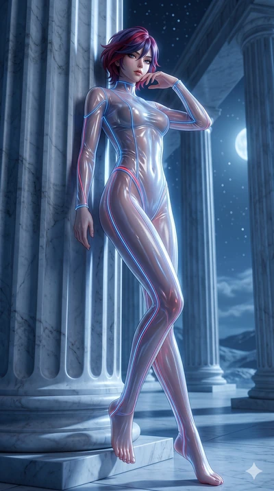 score_9, masterpiece, best quality, ultra-detailed, High-budget Anime Keyframe, East Asian woman. Low angle cowboy shot filling the entire 9:16 frame with her statuesque presence. Scenario 233: Leaning against a cold marble pillar in a moonlit greek 