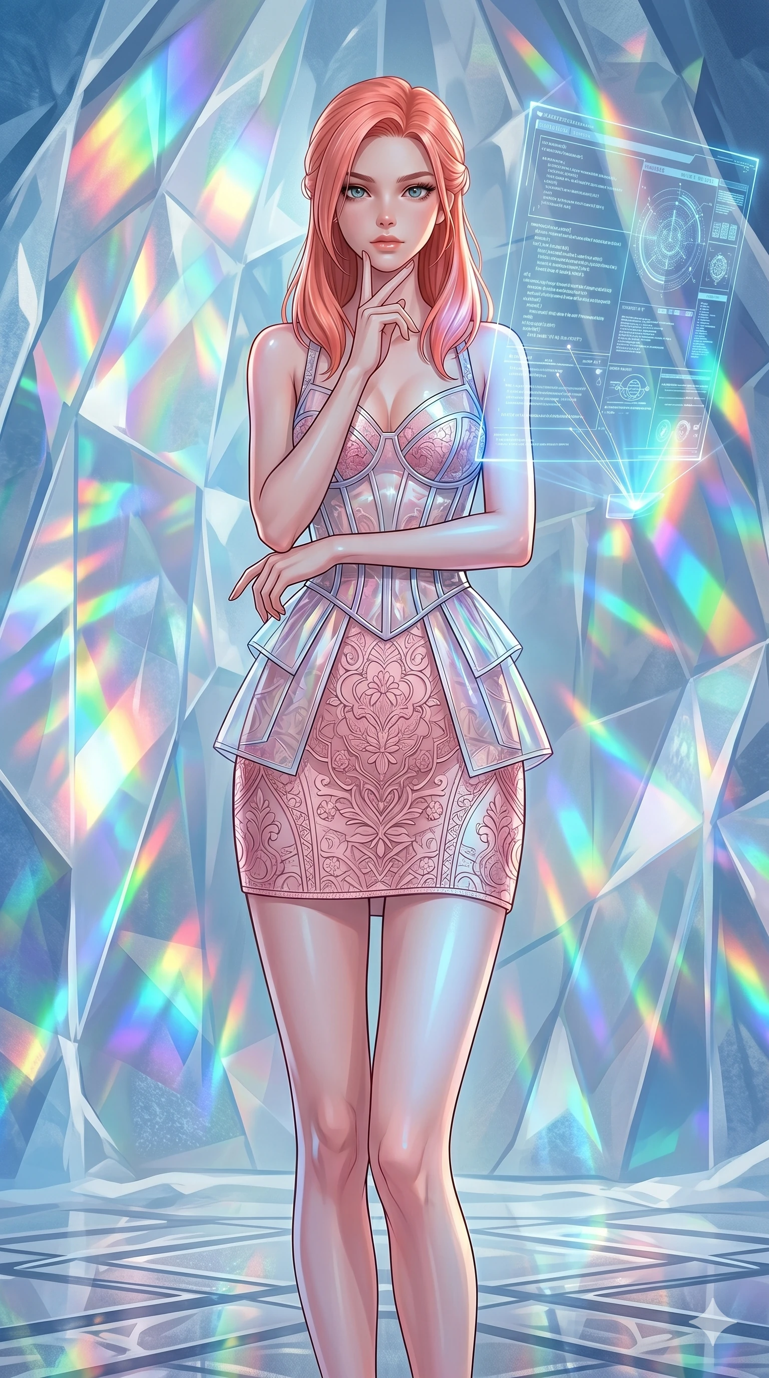 score_9, masterpiece, best quality, ultra-detailed, high-budget anime keyframe, editorial fashion photography, tasteful artistic composition, Japanese woman. cowboy shot from the thighs up, character and outfit filling the frame for maximum editorial presence. pressing two fingers to her chin in a composed, thoughtful pose in a glacier dome with prismatic rainbow light refracting through walls (Code-P18-200). She has an absolutely perfect 8-heads proportion, an exceptionally tall and slender female figure with impossibly long slender legs and an ultra-slim waist. V-shaped jawline, high-bridge nose, intricate jewel-like eyes with depth, thick eyelashes, glossy lips with a natural sheen. wearing a translucent structured bodice over a pink patterned embroidery slip dress. cool blue light from the hologram reflecting off her skin and matte suit textures. 2k, ultra detail, master piece, 9:16 ratio