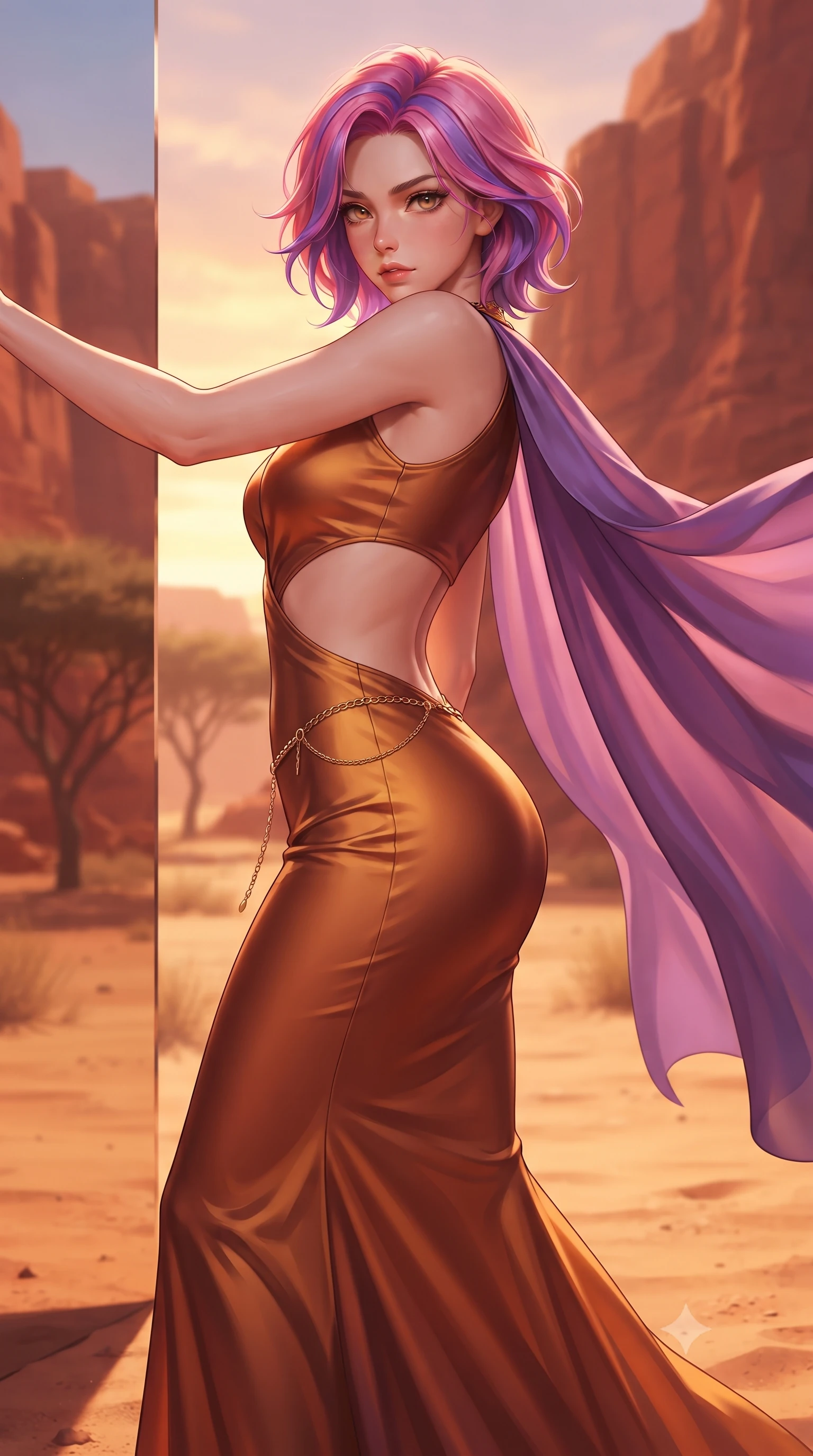 score_9, masterpiece, best quality, ultra-detailed, high-budget anime keyframe, semi-realistic 3D game render, editorial fashion photography, tasteful artistic composition, Caucasian woman. close-up cowboy shot from the waist and thighs up, the character dominates the composition, filling the frame with her large presence. twisting her slender torso in a deep contrapposto stance, hips dramatically shifted to accentuate her feminine curves while looking past her shoulder with smoldering bedroom-eyes while striding across the desert sand path beside the reflective monolith, her sweeping silk chiffon cape billowing against the red canyon walls. The composition keeps background elements in soft focus with creamy bokeh. infinite mirror reflections and distant desert acacia trees softened in avant-garde shallow focus. She has an exceptionally elegant, slender, and willowy female figure with an ultra-slim waist, flat toned midriff, narrow ribcage, and sculpted feminine hips creating an alluring, slim hourglass silhouette without bulk. sharp v-shaped jawline, high-bridge nose, intricate jewel-like eyes with depth, thick eyelashes, glossy parted lips with a natural sheen, intensely captivating and seductive bedroom-eyes expression, flawlessly proportioned anatomical accuracy, strict slender model proportions, natural body alignment, perfectly sculpted long slender limbs, ultra-slim waistline, clean dynamic posture without body distortion. wearing a sculptured liquid-satin mermaid gown with an architectural open-waist cutout and bare spine in rich copper bronze and warm amber, made of fluid silk crepe with delicate inner corsetry boning, accented with a delicate gold chain belt resting loosely on her curvy hips, the form-contouring material adhering flawlessly to her sculpted flat midriff and slender torso, emphasizing her long leg lines and perfectly proportioned willowy build. bathed in glorious desert sunset glow in rich shades of molten copper and violet. highly saturated vibrant anime colors, detailed shading with soft gradients, rich glossy textures, high-contrast stereoscopic depth, volumetric dynamic lighting, master piece, 9:16 ratio