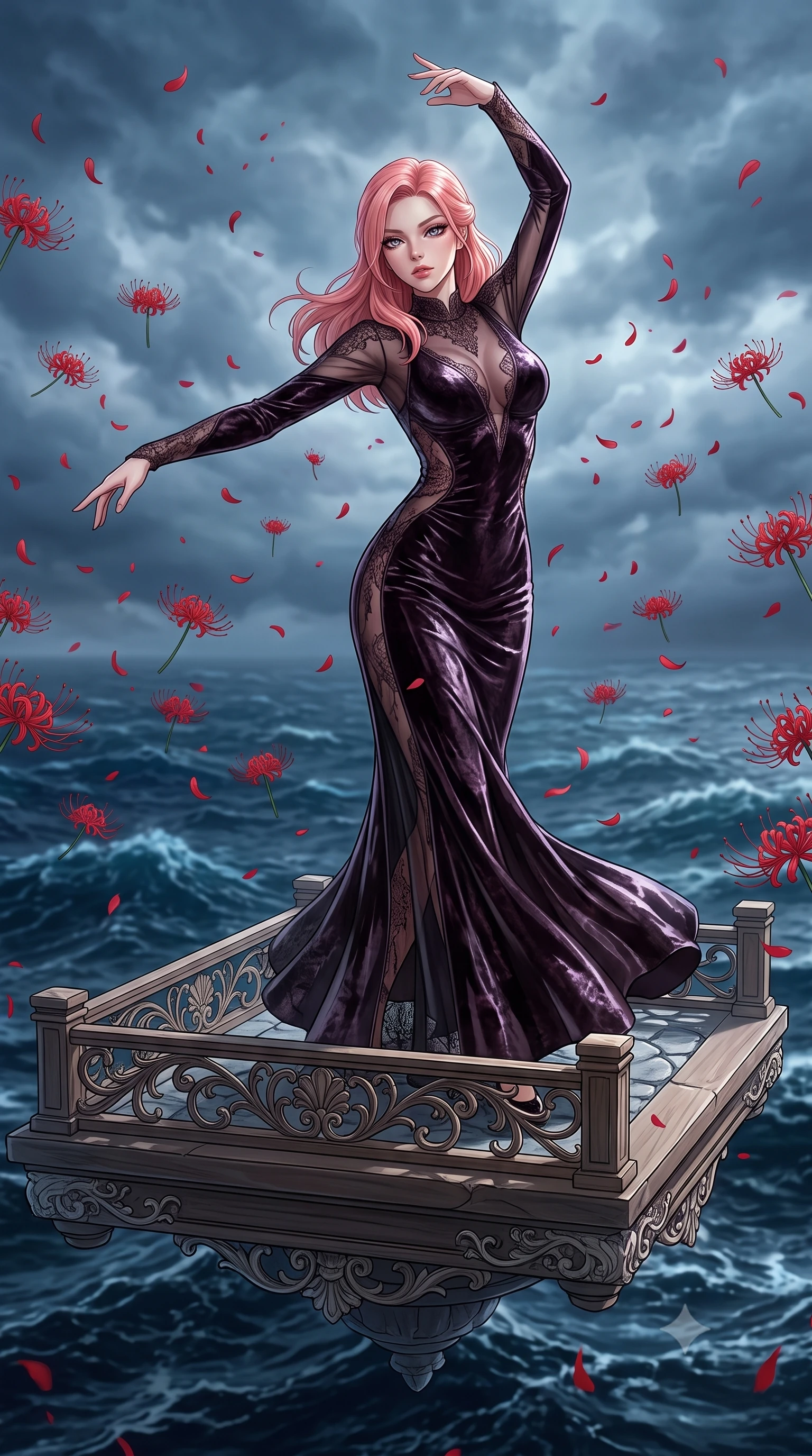 score_9, masterpiece, best quality, ultra-detailed, High-budget Anime Keyframe, East Asian woman. Low angle cowboy shot filling the entire 9:16 frame with her statuesque presence. Scenario 264: dancing amidst falling red spider lilies inside a floating platform suspended over a stormy sea of dark blue water. Her presence is magnetic and overpowering in this high-budget anime scene. Outfit 264: a body-hugging crushed dark velvet sheer with a sheer panels and wet-look texture. The clothing is designed to emphasize her exceptionally tall and slender 8-heads proportion. 8-heads proportion, towering silhouette, ultra-slim waist. sharp v-shaped jawline, intricate jewel-like eyes with depth, thick eyelashes, glossy lips. 2k, ultra detail, master piece, 9:16 ratio