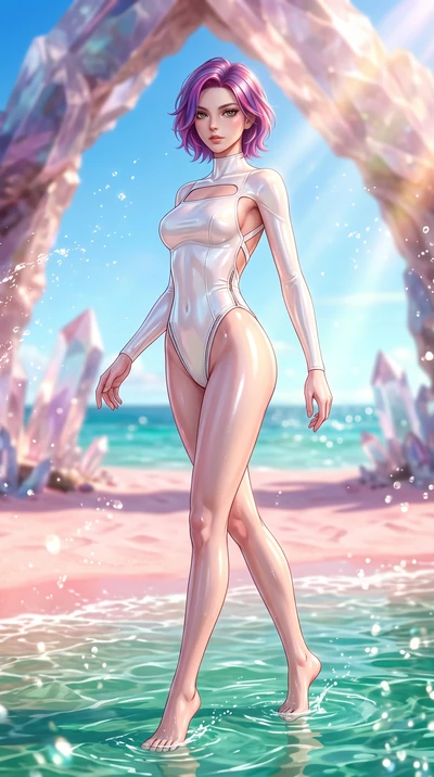 score_9, masterpiece, best quality, ultra-detailed, high-budget anime keyframe, semi-realistic 3D game render, editorial fashion photography, tasteful artistic composition, Caucasian woman. low angle full-body shot from head to toe showing her feet, 