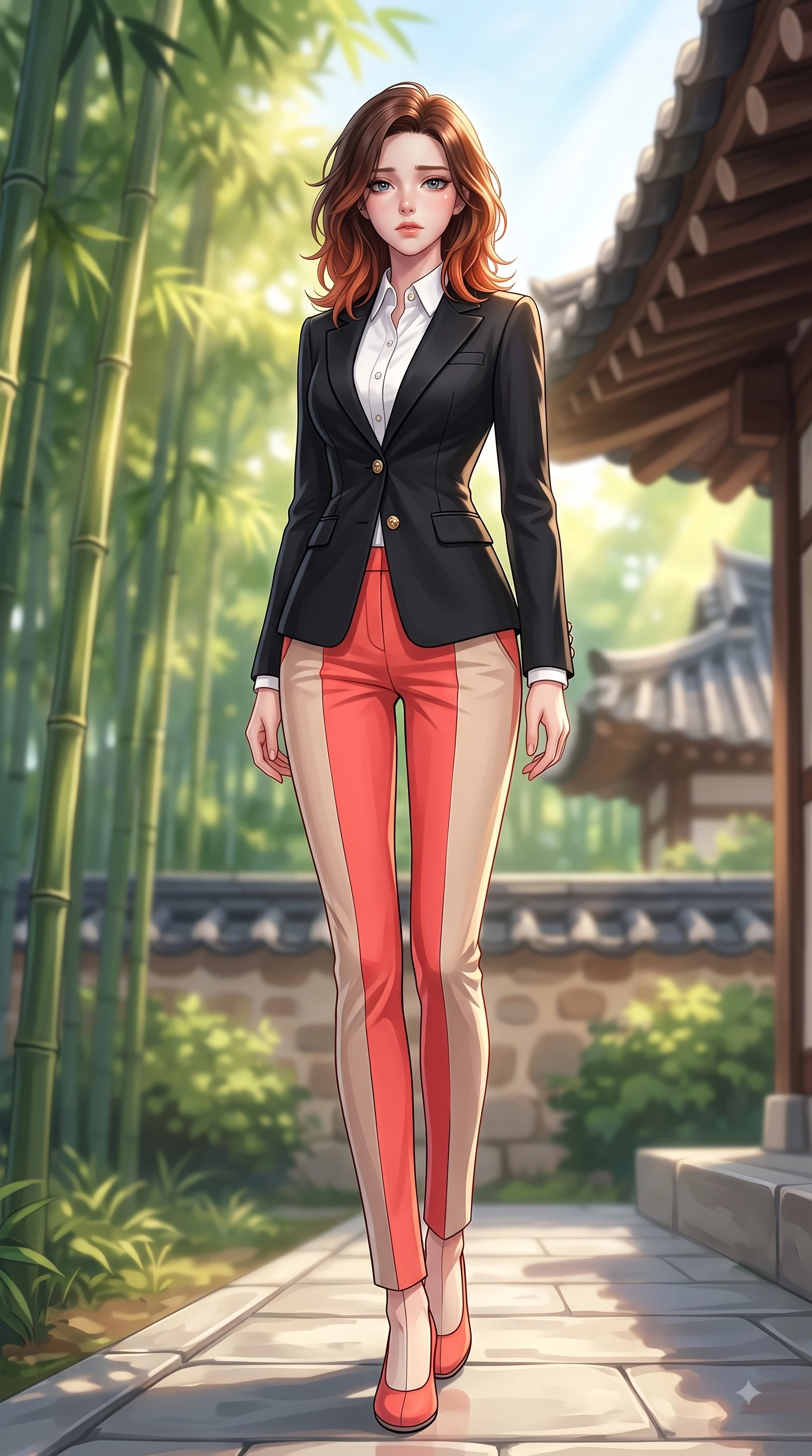 score_9, masterpiece, best quality, ultra-detailed, high-budget anime keyframe, editorial fashion photography, tasteful artistic composition, Korean woman. low angle full-body shot from head to toe showing her feet, filling the entire 9:16 vertical frame with her statuesque presence, stretching her vertical silhouette. Heart-tugging melancholic glance with a subtle drop of emotion in her eyes and a quiet wistful posture while pivoting near traditional clay tile roofs as golden sunbeams filter through bamboo leaves. The composition keeps background elements in soft focus with dreamy bokeh. green bamboo groves and traditional clay roof tiles blurred into serene, soft bokeh. She has an absolutely perfect, statuesque 8.5-heads proportion, an exceptionally tall and slender model-like female figure with impossibly long slender legs and an ultra-slim waist. sharp v-shaped jawline, high-bridge nose, intricate jewel-like eyes with depth, thick eyelashes, glossy lips with a natural sheen, flawlessly proportioned anatomical accuracy, natural body alignment, perfectly sculpted elegant limbs, clean dynamic posture without body distortion. wearing a sleek jet black tailored blazer over a crisp white button-down and trousers in vibrant coral red and soft beige, tailored from crisp high-density cotton poplin, finished with gold metallic hardware buttons along the front, the form-contouring material accentuating her ultra-slim waist and long lines. surrounded by a serene, elegant, and heritage fashion editorial aura. highly saturated vibrant anime colors, detailed shading with soft gradients, rich glossy textures, high-contrast stereoscopic depth, volumetric dynamic lighting, master piece, 9:16 ratio