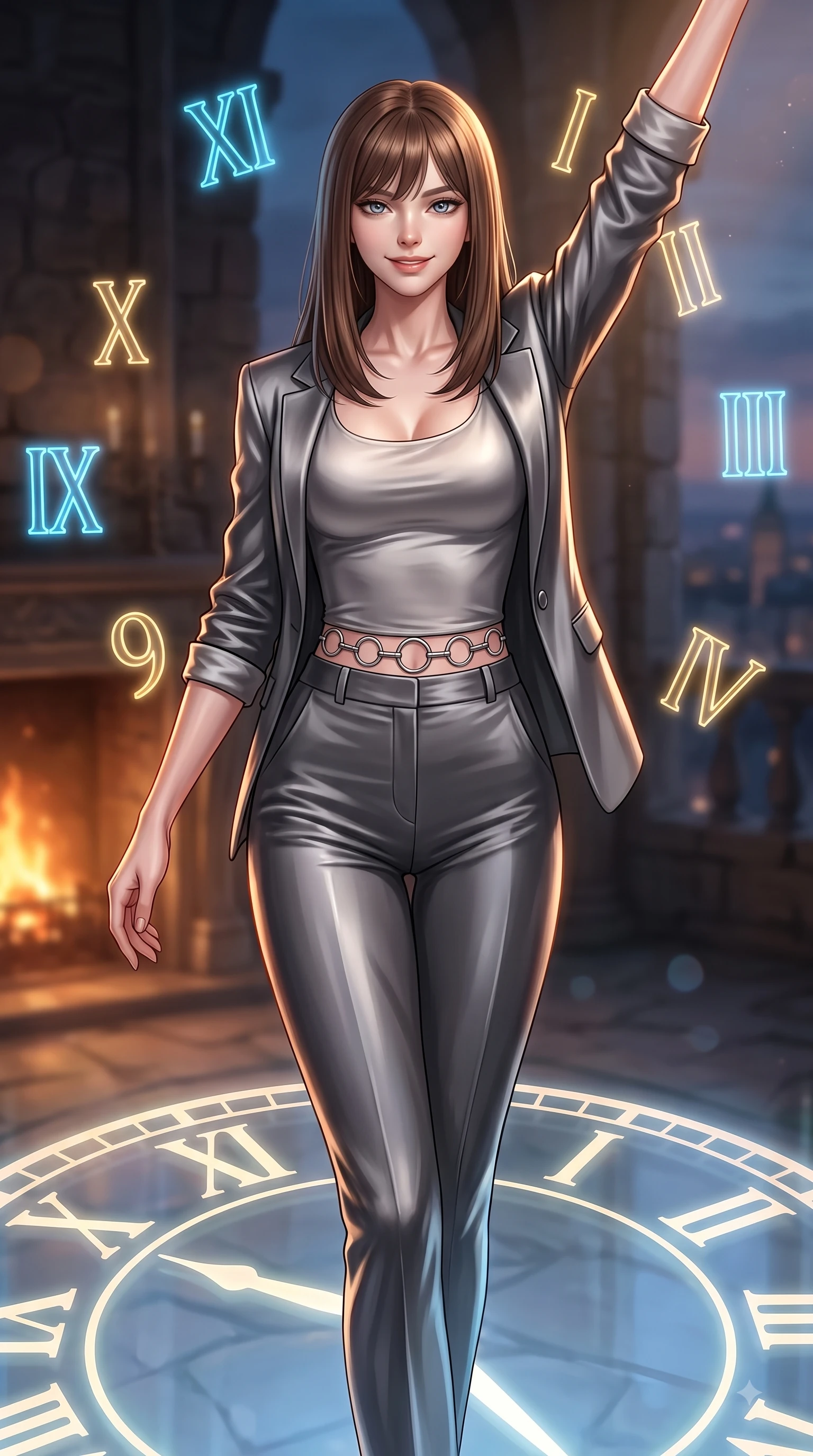 score_9, masterpiece, best quality, ultra-detailed, high-budget anime keyframe, editorial fashion photography, tasteful artistic composition, Korean woman. close-up cowboy shot from the waist and thighs up, the character dominates the composition, filling the frame with her large presence, background elements kept in soft focus. Extending one arm in an elegant stretch toward the light while smiling with magnetic self-assurance while standing atop a giant translucent Roman numeral clock dial in a high tower at dusk, glowing neon clock numbers floating in the air with vintage elegancy. She has an exceptionally elegant, slender, and willowy female figure with an ultra-slim waist, a gracefully sculpted slender torso, and a refined silhouette. sharp v-shaped jawline, high-bridge nose, intricate jewel-like eyes with depth, thick eyelashes, glossy lips with a natural sheen, flawlessly proportioned anatomical accuracy, natural body alignment, perfectly sculpted elegant limbs, clean dynamic posture without body distortion. wearing a tailored silk blazer over a form-contouring scoop-neck top and slacks in charcoal grey and platinum, crafted from smooth liquid silk, accented with delicate chrome ring hardware framing her waist, the tailored fabric tightly following every curve of her athletic build. surrounded by warm hearth light and dramatic bronze rim highlights. ultra-reflective glossy finish, specular highlights, metallic sheen, high-contrast stereoscopic depth, volumetric dynamic lighting, 2k, ultra detail, master piece, 9:16 ratio