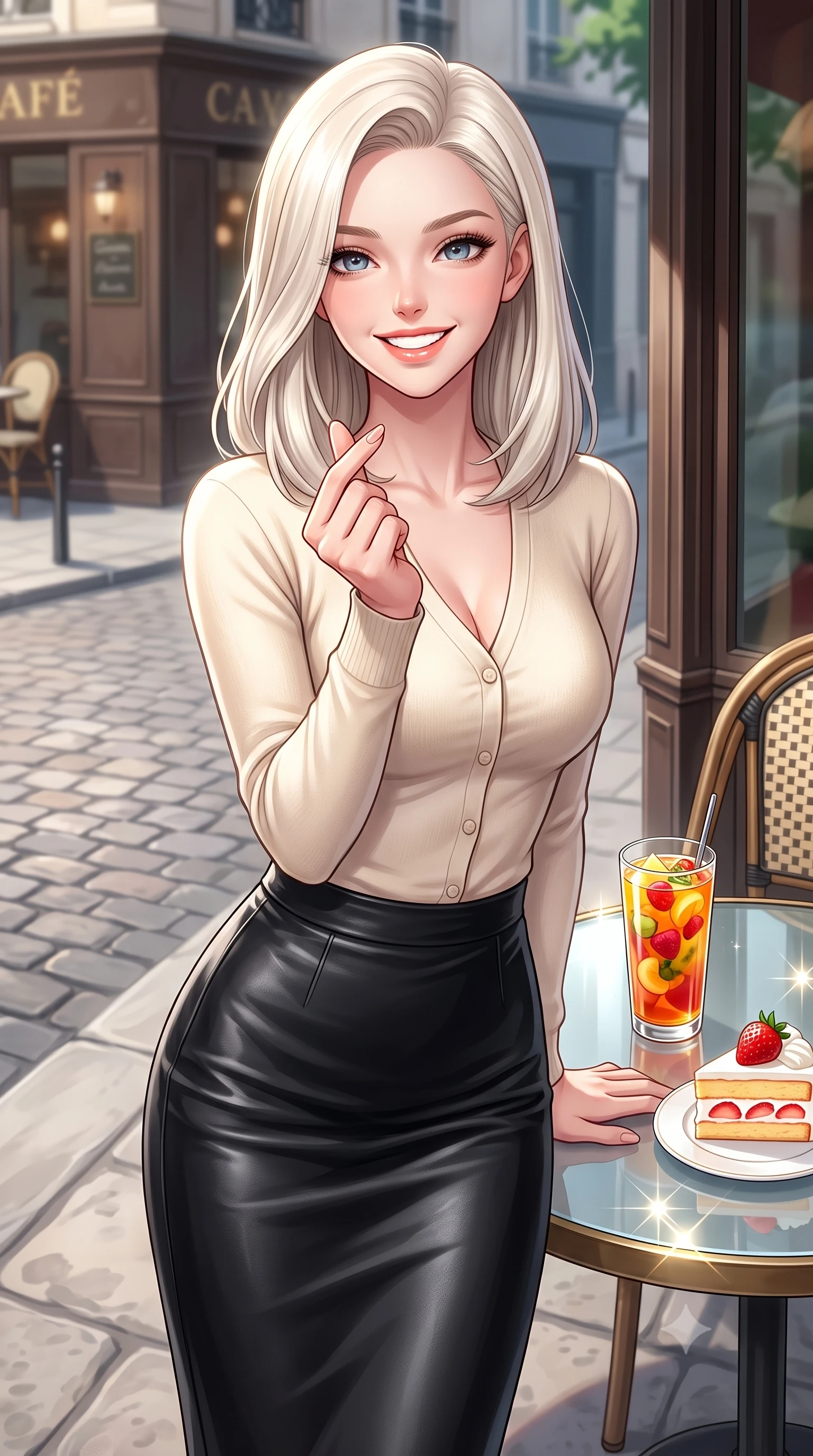 score_9, masterpiece, best quality, ultra-detailed, high-budget anime keyframe, editorial fashion photography, tasteful artistic composition, Caucasian woman. close-up cowboy shot from the waist and thighs up, the character dominates the composition, filling the frame with her large presence, background elements kept in soft focus. flashing a bright, sunny grin, holding her fingers in a cute small heart shape set against a soft-focus background of at a vintage Parisian-style cafe corner next to a quiet cobblestone street with a glass of iced fruit tea and a slice of strawberry shortcake nearby. She has an exceptionally elegant, slender, and willowy female figure with an ultra-slim waist, a gracefully sculpted slender torso, and a refined silhouette. sharp v-shaped jawline, high-bridge nose, intricate jewel-like eyes with depth, thick eyelashes, glossy lips with a natural sheen. wearing form-contouring tight-fitting cashmere cardigan closed, paired with a sleek leather midi skirt. bright daylight reflecting off the glass table and creating sparkling glints. highly saturated vibrant anime colors, detailed shading with soft gradients, rich glossy textures, high-contrast stereoscopic depth, volumetric dynamic lighting, master piece, 9:16 ratio