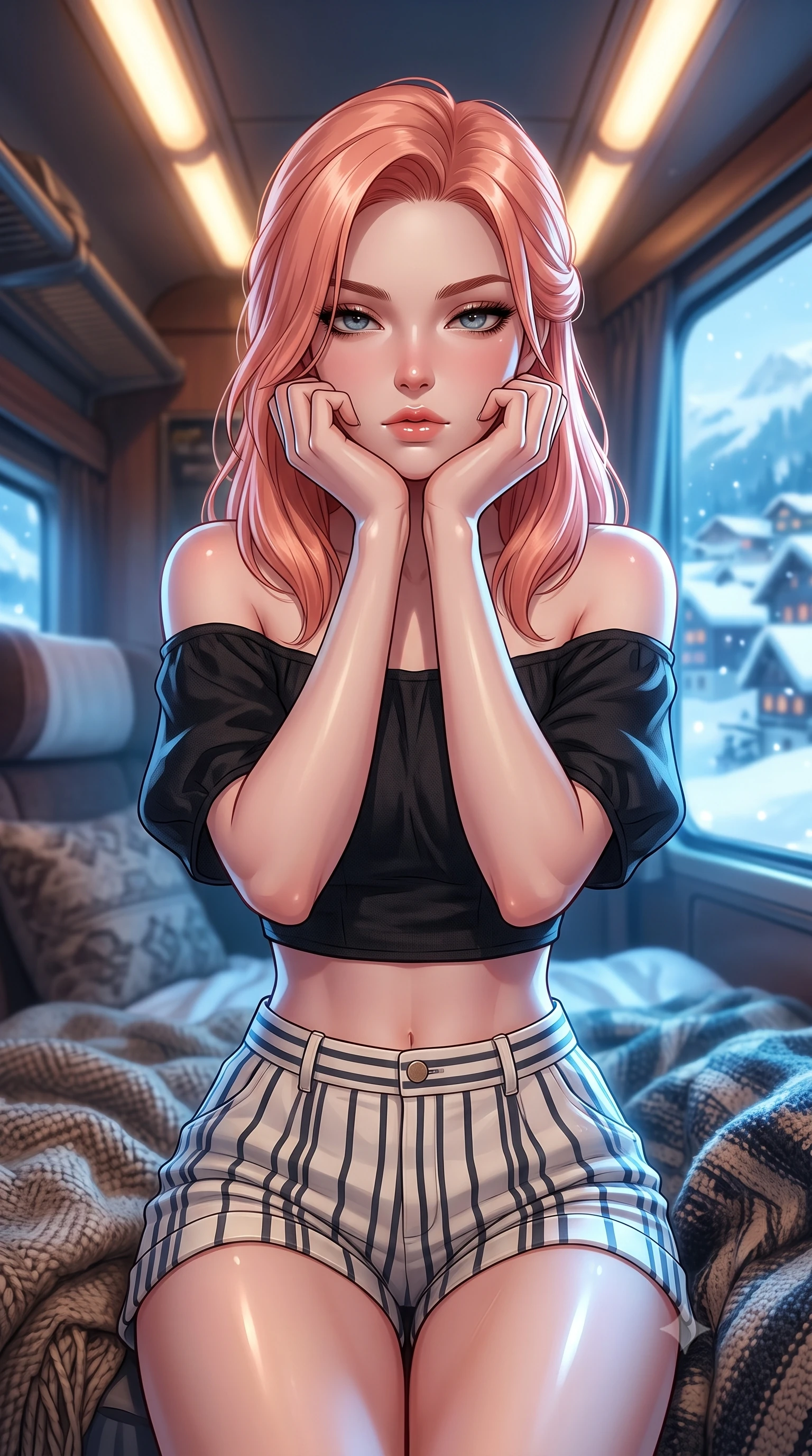 score_9, masterpiece, best quality, ultra-detailed, high-budget anime keyframe, editorial fashion photography, tasteful artistic composition, Japanese woman. close-up cowboy shot from the waist and thighs up, the character dominates the composition, filling the frame with her large presence, background elements kept in soft focus. resting her chin on the backs of her fingers, casting a heavy-lidded, sultry look past the camera the background shows a soft-focus a cozy train compartment with woolen blankets and a view of a snowy alpine village. She has an exceptionally elegant, slender, and willowy female figure with an ultra-slim waist, a gracefully sculpted slender torso, and a refined silhouette. sharp v-shaped jawline, high-bridge nose, intricate jewel-like eyes with depth, thick eyelashes, glossy lips with a natural sheen. wearing a tailored chic off-shoulder crop top in black linen, paired with high-waisted striped resort shorts. warm glowing ceiling lights contrasting with the cool blue snow reflections. ultra-reflective glossy finish, specular highlights, metallic sheen, high-contrast stereoscopic depth, volumetric dynamic lighting, 2k, ultra detail, master piece, 9:16 ratio