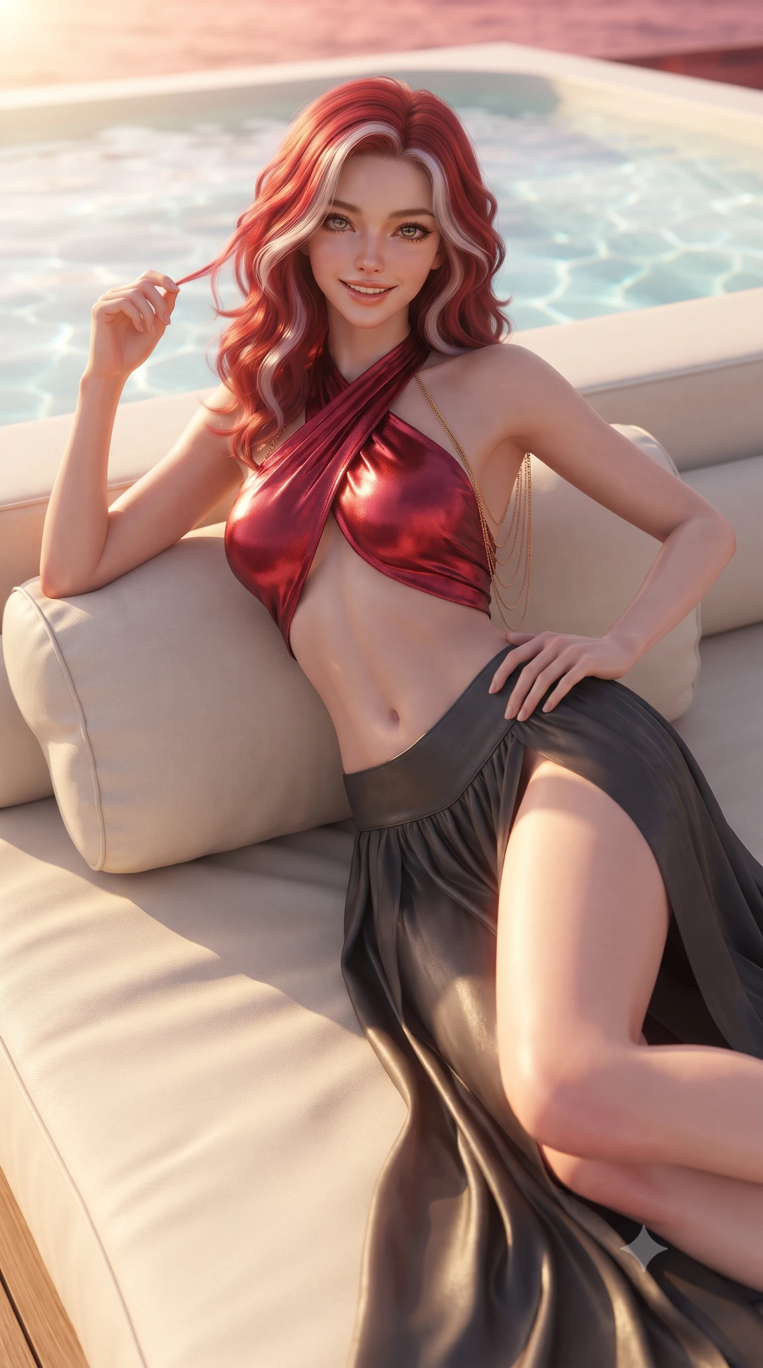 score_9, masterpiece, best quality, ultra-detailed, high-budget anime keyframe, editorial fashion photography, tasteful artistic composition, Caucasian woman. close-up cowboy shot from the waist and thighs up, the character dominates the composition, filling the frame with her large presence. twisting her slender torso in an alluring contrapposto stance, one hand resting on her sculpted hip while her fingers toy with her hair with effortless poise while lounging gracefully across the oversized plush sunbed propped on one elbow, displaying her long slender limbs and statuesque hourglass silhouette. The background shows a soft-focus glowing water caustics from the infinity glass jacuzzi softened in billionaire superyacht shallow focus. She has an exceptionally elegant, slender, and willowy female figure with an ultra-slim waist, flat toned midriff, narrow ribcage, and sculpted feminine hips creating an alluring, slim hourglass silhouette without bulk. sharp v-shaped jawline, high-bridge nose, intricate jewel-like sparkling eyes with depth, thick eyelashes, glossy parted lips with a natural peach sheen, bright cheerful beaming smile with an enchanting and coquettish sensual glint, exuding both youthful cute charm and seductive allure, flawlessly proportioned anatomical accuracy, strict slender model proportions, natural body alignment, perfectly sculpted long slender limbs, ultra-slim waistline, clean dynamic posture without body distortion. wearing a modern Arabian-inspired metallic lame wrap top with bare midriff and a high-slit chiffon harem pant skirt in rich ruby crimson and dark brushed titanium, woven from buttery-soft stretch lambskin leather adhering to her body like a second skin, accented with an open-back drape framed by falling strands of delicate gold chains, the second-skin tailored fabric adhering flawlessly to her sculpted flat midriff and slender torso, emphasizing her long leg lines and perfectly proportioned willowy build. bathed in the breathtaking 3000K golden hour sunlight transitioning into saturated crimson-coral twilight. ultra-reflective glossy finish, specular highlights, rich textural contrasts, high-contrast stereoscopic depth, volumetric dynamic lighting, 2k, ultra detail, master piece, 9:16 ratio