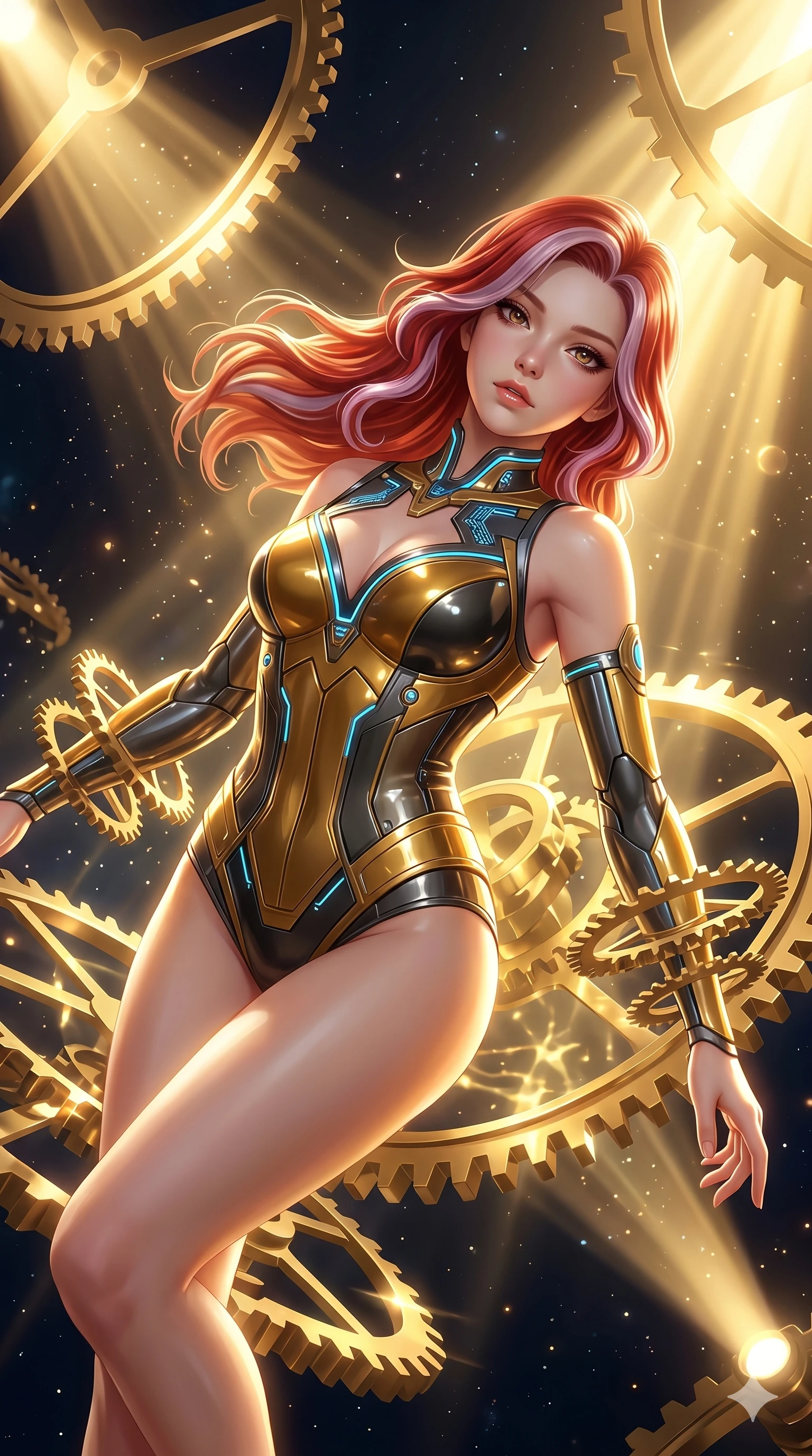 score_9, masterpiece, best quality, ultra-detailed, high-budget anime keyframe, semi-realistic 3D game render, Caucasian woman, strictly human ears. Upper body close-up from the thighs up, character filling the screen for maximum presence. She is intertwined with massive floating gold gears and clockwork mechanisms suspended in a void. She leans back gracefully, looking at the camera with a dreamy, captivating gaze. She has an absolutely perfect 8-heads proportion, a tall and elegant figure with a refined silhouette and a defined waistline. V-shaped jawline, high-bridge nose, intricate jewel-like eyes with depth, thick eyelashes, glossy lips with a natural sheen. She is wearing a structured cybernetic bodice in glossy vinyl panels, paired with detached sleeves and a refined V-neckline detailed with glowing piping. The scene is illuminated by warm, blindingly bright golden spotlights and sharp volumetric light rays. 2k, ultra detail, master piece, 9:16 ratio