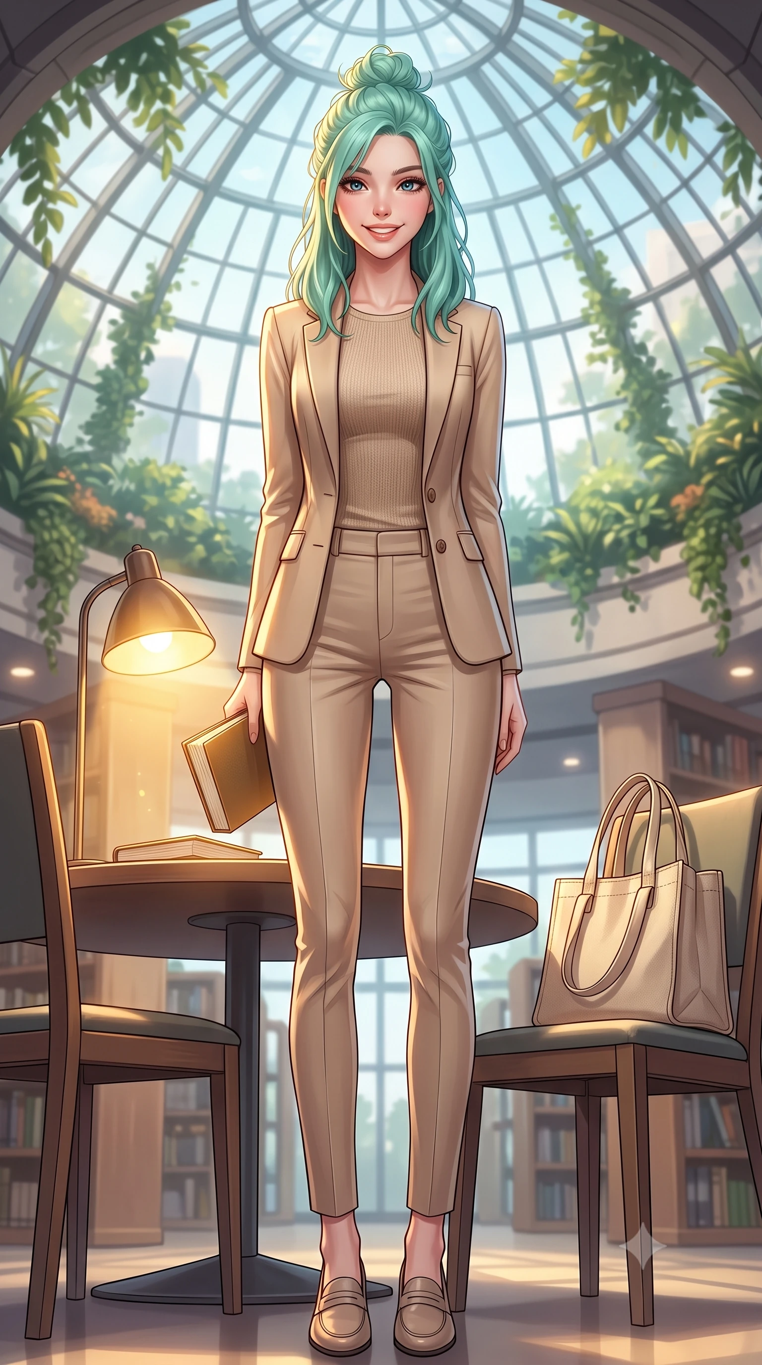 score_9, masterpiece, best quality, ultra-detailed, high-budget anime keyframe, editorial fashion photography, tasteful artistic composition, Japanese woman. low angle full-body shot from head to toe showing her feet, filling the entire 9:16 vertical frame with her statuesque presence, stretching her vertical silhouette. standing with a cute, bright pose, tilting her head with a beaming smile set against a soft-focus background of inside a modern city library under a huge glass dome ceiling with leafy plants with a cute canvas book tote bag sitting on the chair next to her. She has an absolutely perfect, statuesque 8.5-heads proportion, an exceptionally tall and slender model-like female figure with impossibly long slender legs and an ultra-slim waist. sharp v-shaped jawline, high-bridge nose, intricate jewel-like eyes with depth, thick eyelashes, glossy lips with a natural sheen. wearing slim-fit sleek tailored blazer in beige, worn closed over a slim-fit knit top and slim trousers. soft reading lamp light casting a warm, concentrated golden glow on her book. highly saturated vibrant anime colors, detailed shading with soft gradients, rich glossy textures, high-contrast stereoscopic depth, volumetric dynamic lighting, master piece, 9:16 ratio