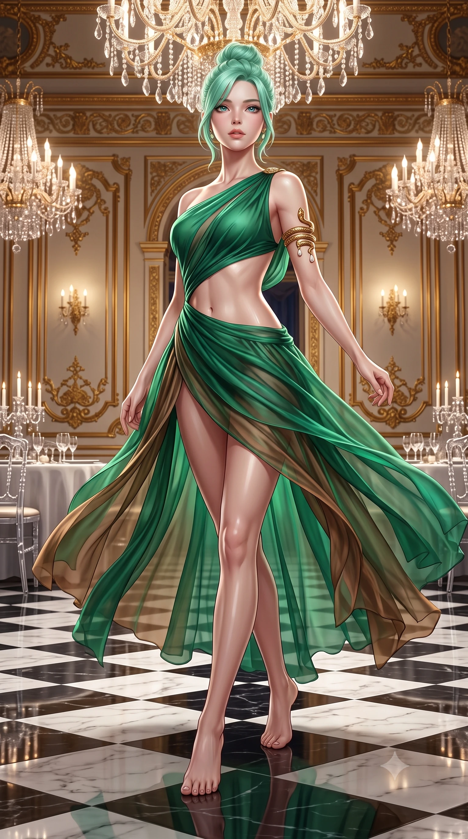 score_9, masterpiece, best quality, ultra-detailed, high-budget anime keyframe, semi-realistic 3D game render, editorial fashion photography, tasteful artistic composition, Japanese woman. low angle full-body shot from head to toe showing her feet, filling the entire 9:16 vertical frame with her statuesque presence, stretching her vertical silhouette. pivoting dynamically with supreme athletic balance and poise, her impossibly long slender legs creating a breathtaking line while gliding across the mirror-polished checkerboard marble floor of an imperial palace ballroom during a midnight gala. The surrounding environment is rendered in vivid detail and crisp panoramic clarity. sharp checkerboard marble floor reflections, ornate gold wall molding, and crystal table settings in deep focus. She has an absolutely perfect, statuesque 8.5-heads proportion, an exceptionally tall and slender model-like female figure with impossibly long slender legs, a toned flat midriff, and an ultra-slim waist. sharp v-shaped jawline, high-bridge nose, intricate jewel-like eyes with depth, thick eyelashes, glossy lips with a natural sheen, captivating and magnetic expression, flawlessly proportioned anatomical accuracy, strict slender model proportions, natural body alignment, perfectly sculpted long slender limbs, ultra-slim waistline, clean dynamic posture without body distortion. wearing an ethereal emerald-green silk chiffon gown with an asymmetric shoulder drape and sheer layered skirt in deep emerald green and bronze, woven from airy multi-layered silk chiffon with a weightless drape, accented with a sculptured gold serpent armlet and pearl drops, the breezy yet form-flattering drape swaying gracefully with her steps, accentuating her long willowy limbs and slim waistline. illuminated by crisp specular highlights tracing her sculpted flat midriff, collarbones, and long legs. highly saturated vibrant anime colors, detailed shading with soft gradients, rich glossy textures, high-contrast stereoscopic depth, volumetric dynamic lighting, master piece, 9:16 ratio