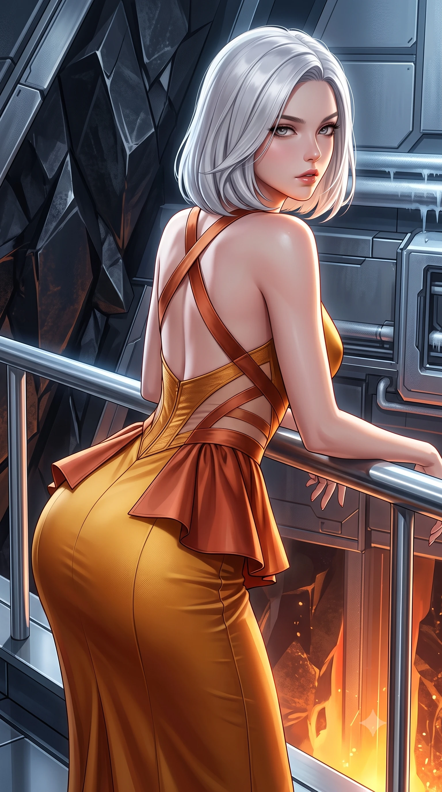 score_9, masterpiece, best quality, ultra-detailed, high-budget anime keyframe, semi-realistic 3D game render, editorial fashion photography, tasteful artistic composition, Korean woman. close-up cowboy shot from the waist and thighs up, the character dominates the composition, filling the frame with her large presence. leaning forward against the polished railing with her hips cocked back, creating an intoxicating curve from her narrow waist to sculpted hips as she gazes back into the lens while leaning back against a cool matte-titanium console with hips cocked back, casting an audacious, fearless bedroom-gaze into the molten abyss. The surrounding environment is rendered in vivid detail and crisp panoramic clarity. sharp obsidian stone facets, titanium panel seams, and cooling pipe frost condensation in deep focus. She has an exceptionally elegant, slender, and willowy female figure with an ultra-slim waist, flat toned midriff, narrow ribcage, and sculpted feminine hips creating an alluring, slim hourglass silhouette without bulk. sharp v-shaped jawline, high-bridge nose, intricate jewel-like eyes with depth, thick eyelashes, glossy parted lips with a natural sheen, intensely captivating and seductive bedroom-eyes expression, flawlessly proportioned anatomical accuracy, strict slender model proportions, natural body alignment, perfectly sculpted long slender limbs, ultra-slim waistline, clean dynamic posture without body distortion. wearing a structural geometric peplum gown with sheer side-ribbon cutouts and form-fitting skirt in molten desert gold and burnt terracotta, made of fluid silk crepe with delicate inner corsetry boning, finished with criss-cross back satin straps highlighting her graceful shoulder blades, the second-skin form-contouring cut accentuating her sculpted flat midriff, narrow delicate ribcage, and gracefully curvy hips with supermodel precision. illuminated by high-contrast specular rim lights sharply sculpting her razor-sharp jawline, narrow waist, and curvy hips. highly saturated vibrant anime colors, detailed shading with soft gradients, rich glossy textures, high-contrast stereoscopic depth, volumetric dynamic lighting, master piece, 9:16 ratio