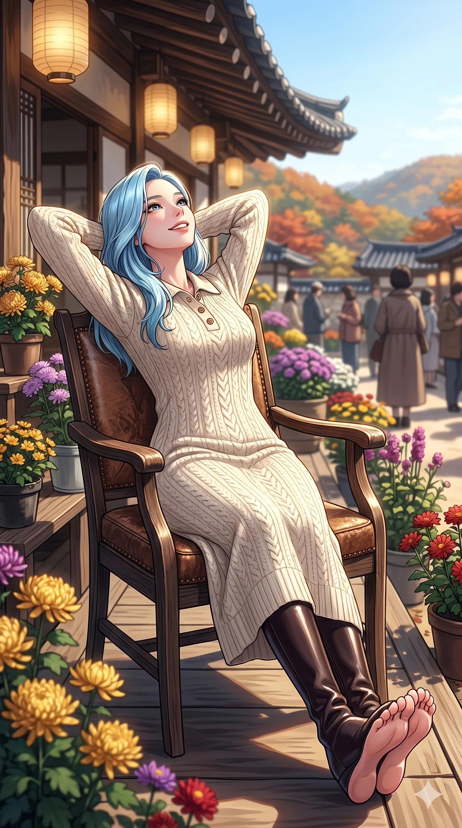 score_9, masterpiece, best quality, ultra-detailed, high-budget anime keyframe, vibrant anime aesthetic, Korean woman. low angle full-body shot from head to toe showing her feet, filling the entire 9:16 vertical frame with her statuesque presence, stretching her vertical silhouette. She is leaning back on a lodge chair with a delightful smile, looking up happily by a traditional tea house deck during an autumn flower exhibition in the sun (Code-P21-013). She has an absolutely perfect 8-heads proportion, an exceptionally tall and slender female figure with impossibly long slender legs and an ultra-slim waist. V-shaped jawline, high-bridge nose, intricate jewel-like eyes with depth, thick eyelashes, glossy lips with a natural sheen. wearing a winter knit dress with a buttoned collar and leather boots. She is bathed in brilliant, high-contrast winter sunlight with a single golden line tracing her profile. 2k, ultra detail, master piece, 9:16 ratio