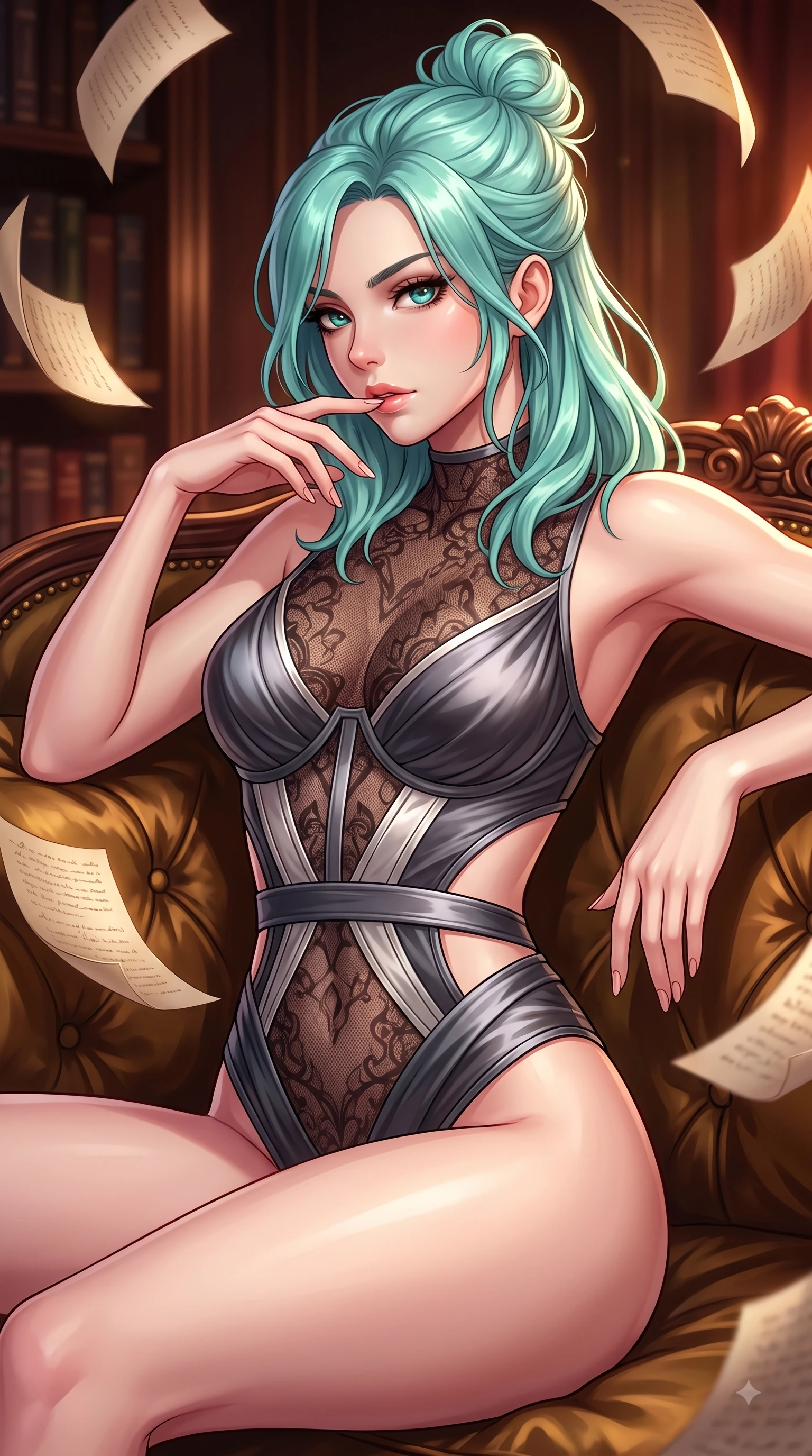 score_9, masterpiece, best quality, ultra-detailed, high-budget anime keyframe, editorial fashion photography, tasteful artistic composition, Japanese woman. close-up cowboy shot from the waist and thighs up, the character dominates the composition, filling the frame with her large presence, background elements kept in soft focus. Resting two fingers near her glossy lips, casting a sharp mysterious side-gaze during her dynamic motion while lounging on an antique silk velvet sofa as floating parchment pages hover gently around her, rich velvet and polished wood textures reflecting brilliant warm highlights. She has an exceptionally elegant, slender, and willowy female figure with an ultra-slim waist, a gracefully sculpted slender torso, and a refined silhouette. sharp v-shaped jawline, high-bridge nose, intricate jewel-like eyes with depth, thick eyelashes, glossy lips with a natural sheen, flawlessly proportioned anatomical accuracy, natural body alignment, perfectly sculpted elegant limbs, clean dynamic posture without body distortion. wearing a sheer dark lace pattern bodysuit with structured corsetry boning in charcoal grey and platinum, crafted from lustrous satin jersey with fluid draping, featuring clean architectural cutouts along her slender torso, the elegant draped fit framing her graceful clavicle and slender torso. surrounded by an opulent, intimate library aura with deep warm gradients. highly saturated vibrant anime colors, detailed shading with soft gradients, rich glossy textures, high-contrast stereoscopic depth, volumetric dynamic lighting, master piece, 9:16 ratio
