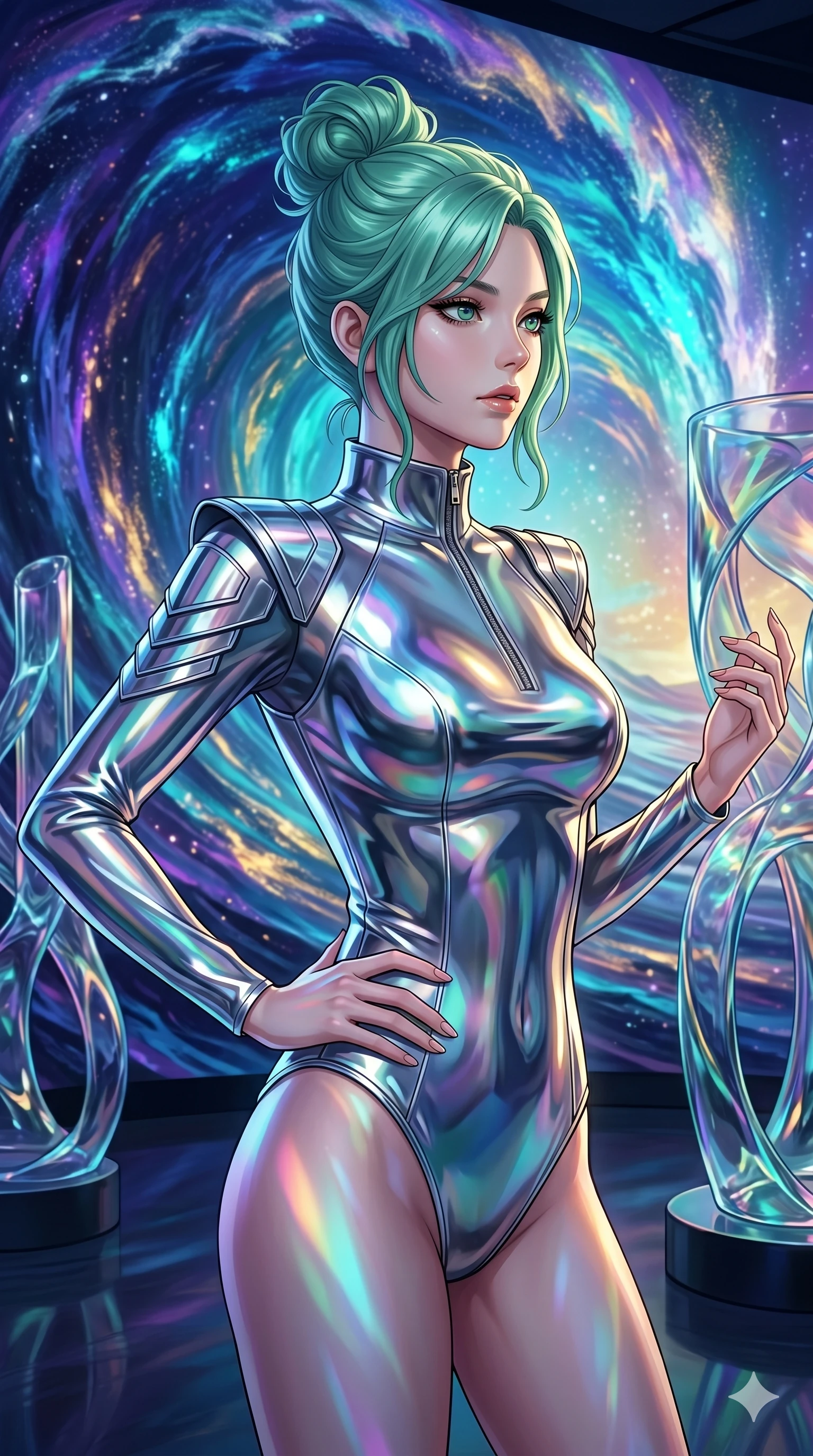 score_9, masterpiece, best quality, ultra-detailed, high-budget anime keyframe, editorial fashion photography, tasteful artistic composition, Japanese woman. Upper body close-up from the thighs up, character filling the screen for maximum presence. She is standing in front of a giant digital painting of a cosmic wave, with abstract glass sculptures around. She poses elegantly, glancing sideways with a piercing gaze. She has an absolutely perfect 8-heads proportion, a tall and elegant figure with a refined silhouette and a defined waistline. V-shaped jawline, high-bridge nose, intricate jewel-like eyes with depth, thick eyelashes, glossy lips with a natural sheen. She is wearing a sleek tailored top in liquid-chrome finish that complements her silhouette, styled with sophisticated architectural shoulder accents and a modern zip collar. The scene is bathed in vibrant projections from the digital painting and a sharp white side key light. 2k, ultra detail, master piece, 9:16 ratio