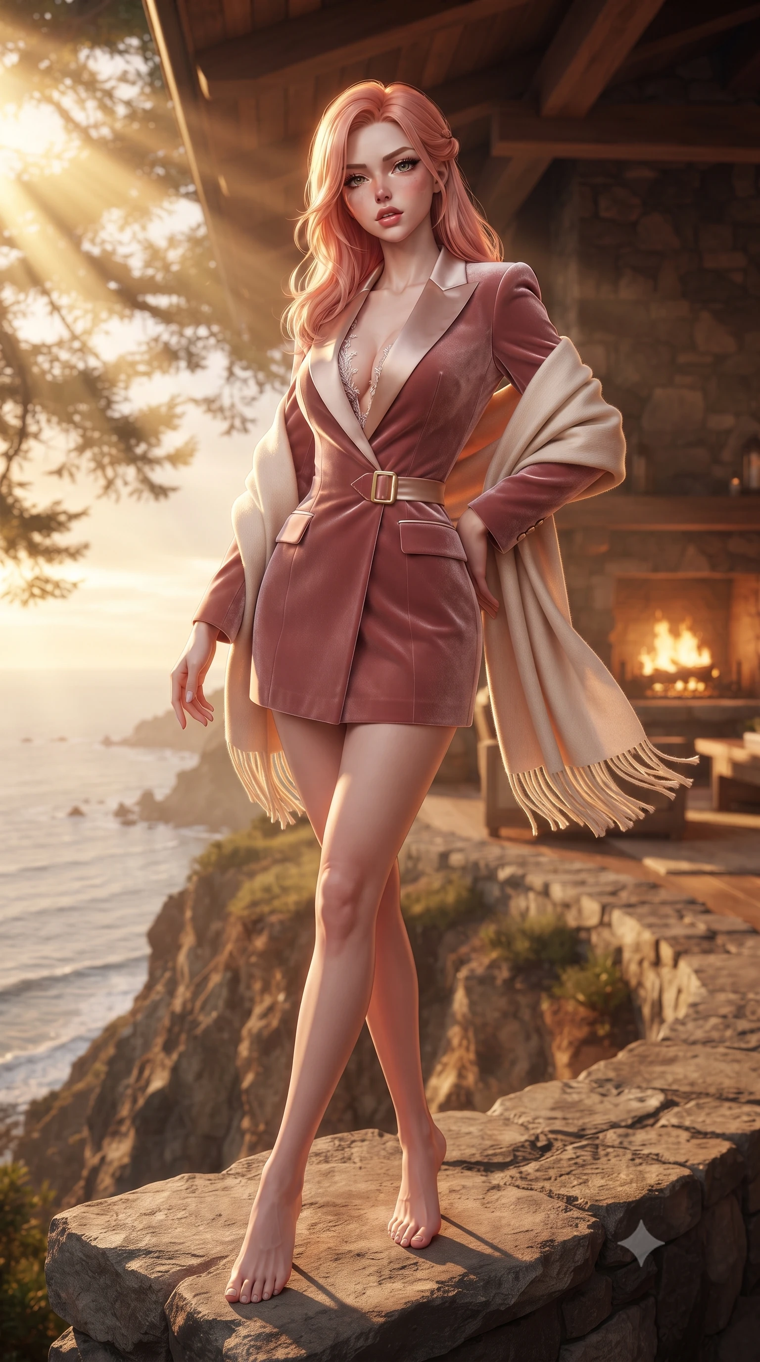 score_9, masterpiece, best quality, ultra-detailed, high-budget anime keyframe, editorial fashion photography, tasteful artistic composition, Japanese woman. low angle full-body shot from head to toe showing her feet, filling the entire 9:16 vertical frame with her statuesque presence, stretching her vertical silhouette. sitting perched on the elevated edge with hips angled toward the camera and legs crossed, displaying her toned midriff and flawlessly sculpted slender limbs while standing poised on the cliff edge terrace, twisting her slender torso in an alluring contrapposto stance as the cool Pacific breeze whips her cashmere shawl. The composition keeps background elements in soft focus with creamy bokeh. warm fireplace glow and cedar wood beams softened in luxurious Californian shallow focus. She has an exceptionally tall and slender model-like 8.5-heads proportion, an ultra-slim waist, a flat toned midriff, narrow delicate ribcage, and beautifully sculpted feminine hips creating a graceful, slim hourglass silhouette without any bulky heaviness, with impossibly long slender legs. sharp v-shaped jawline, high-bridge nose, intricate jewel-like eyes with depth, thick eyelashes, glossy parted lips with a natural sheen, intensely captivating and seductive bedroom-eyes expression, flawlessly proportioned anatomical accuracy, strict slender model proportions, natural body alignment, perfectly sculpted long slender limbs, ultra-slim waistline, clean dynamic posture without body distortion. wearing a tailored velvet tuxedo jacket dress with satin lapels, worn with a deep plunge neckline and gold hip buckle in dusky blush rose and champagne shimmer, tailored from ultra-smooth duchess satin with a pearlescent sheen, finished with delicate crystal frost embroidery tracing the plunging neckline, the glove-like aerodynamic silhouette tightly following the natural contour of her hips and long slender legs with statuesque 8.5-heads elegance. bathed in breathtaking golden hour California sunset rays streaming through towering redwood branches. ultra-reflective glossy finish, specular highlights, rich textural contrasts, high-contrast stereoscopic depth, volumetric dynamic lighting, 2k, ultra detail, master piece, 9:16 ratio