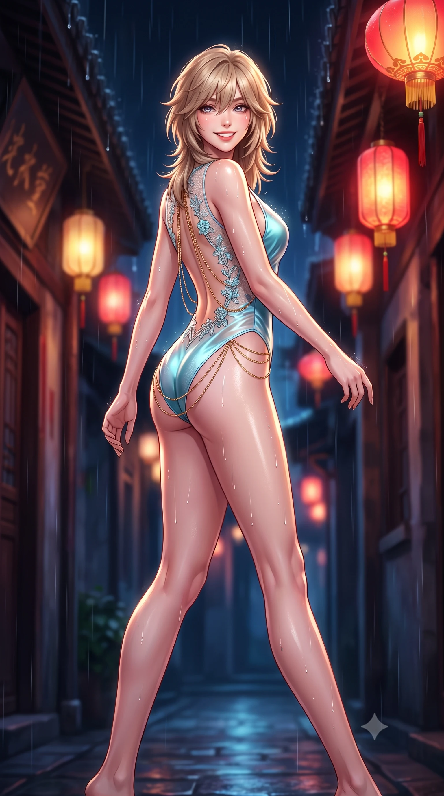 score_9, masterpiece, best quality, ultra-detailed, high-budget anime keyframe, semi-realistic 3D game render, editorial fashion photography, tasteful artistic composition, Japanese woman. low angle full-body shot from head to toe showing her feet, filling the entire 9:16 vertical frame with her statuesque presence, stretching her vertical silhouette. stepping forward in a confident stride, her long slender legs and curvaceous hips creating a dynamic, sweeping vertical line while twisting her slender torso in an alluring S-curve, glistening rain droplets and lantern light tracing her dewy skin and narrow waist. The background shows a soft-focus rain droplets dripping from eaves softened in historic Shikumen alley nocturne shallow focus. She has an exceptionally tall and slender model-like 8.5-heads proportion, an ultra-slim waist, a flat toned midriff, narrow delicate ribcage, and beautifully sculpted feminine hips creating a graceful, slim hourglass silhouette without any bulky heaviness, with impossibly long slender legs. sharp v-shaped jawline, high-bridge nose, intricate jewel-like sparkling eyes with depth, thick eyelashes, glossy parted lips with a natural peach sheen, bright cheerful beaming smile with an enchanting and coquettish sensual glint, exuding both youthful cute charm and seductive allure, flawlessly proportioned anatomical accuracy, strict slender model proportions, natural body alignment, perfectly sculpted long slender limbs, ultra-slim waistline, clean dynamic posture without body distortion. wearing an open-back sheer lace leotard with high-cut leg openings and delicate floral embroidery framing her spine in Neo-Carthage holographic cyan and solar chrome, crafted from fluid liquid silk satin that clings smoothly to her narrow waist and rounded hips with a dewy sheen, accented with an open-back drape framed by falling strands of delicate gold chains, the form-contouring silhouette accentuating her sculpted flat midriff, narrow delicate ribcage, and gracefully curvy hips with intoxicating allure. bathed in the romantic red-and-gold 2200K glow of hanging silk lanterns contrasted with deep midnight rain ambient. highly saturated vibrant anime colors, detailed shading with soft gradients, rich glossy textures, high-contrast stereoscopic depth, volumetric dynamic lighting, master piece, 9:16 ratio