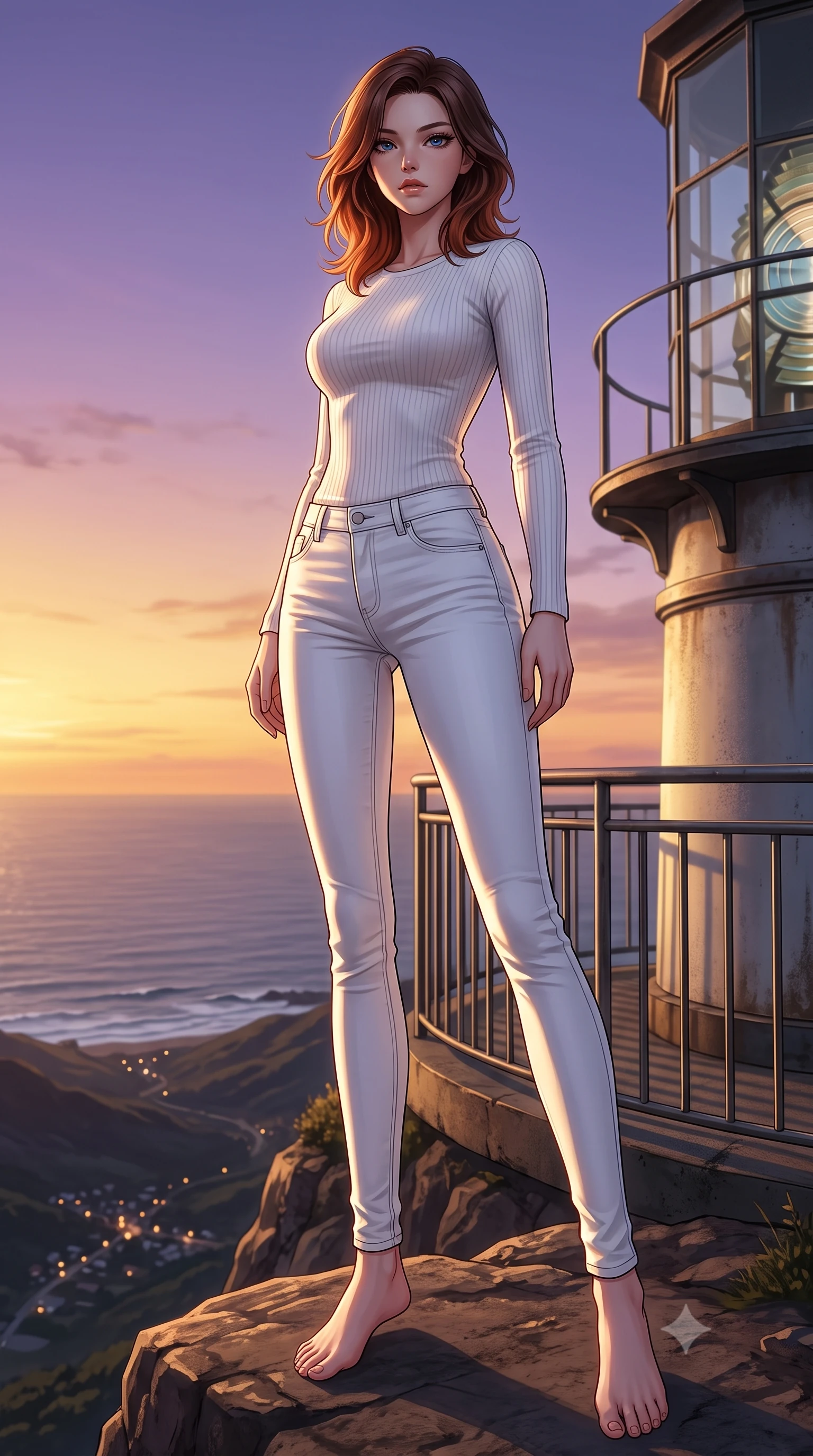 score_9, masterpiece, best quality, ultra-detailed, high-budget anime keyframe, editorial fashion photography, tasteful artistic composition, Korean woman woman. low angle full-body shot from head to toe showing her feet, filling the entire 9:16 vertical frame with her statuesque presence, stretching her vertical silhouette. standing proud on a scenic cliff overlooking the valley, her silhouette framed by the golden sky the background shows a soft-focus a metal balcony of a coastal lighthouse with a wide view of the ocean horizon. She has an absolutely perfect, statuesque 8.5-heads proportion, an exceptionally tall and slender model-like female figure with impossibly long slender legs and an ultra-slim waist. sharp v-shaped jawline, high-bridge nose, intricate jewel-like eyes with depth, thick eyelashes, glossy lips with a natural sheen. wearing a slim-fit body-hugging white ribbed long-sleeve top paired with tight white denim pants. romantic dusk lighting with a gradient of violet and orange sky. 2k, ultra detail, master piece, 9:16 ratio