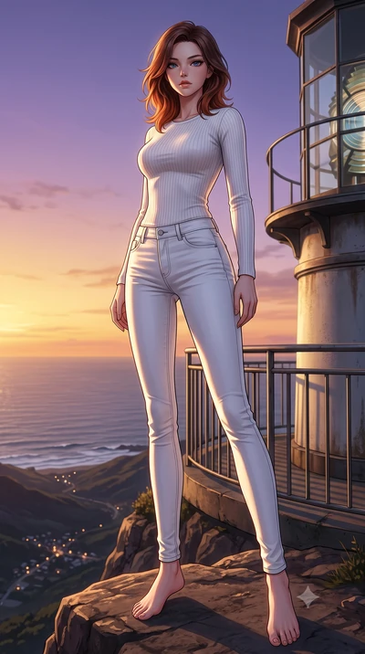 score_9, masterpiece, best quality, ultra-detailed, high-budget anime keyframe, editorial fashion photography, tasteful artistic composition, Korean woman woman. low angle full-body shot from head to toe showing her feet, filling the entire 9:16 vert