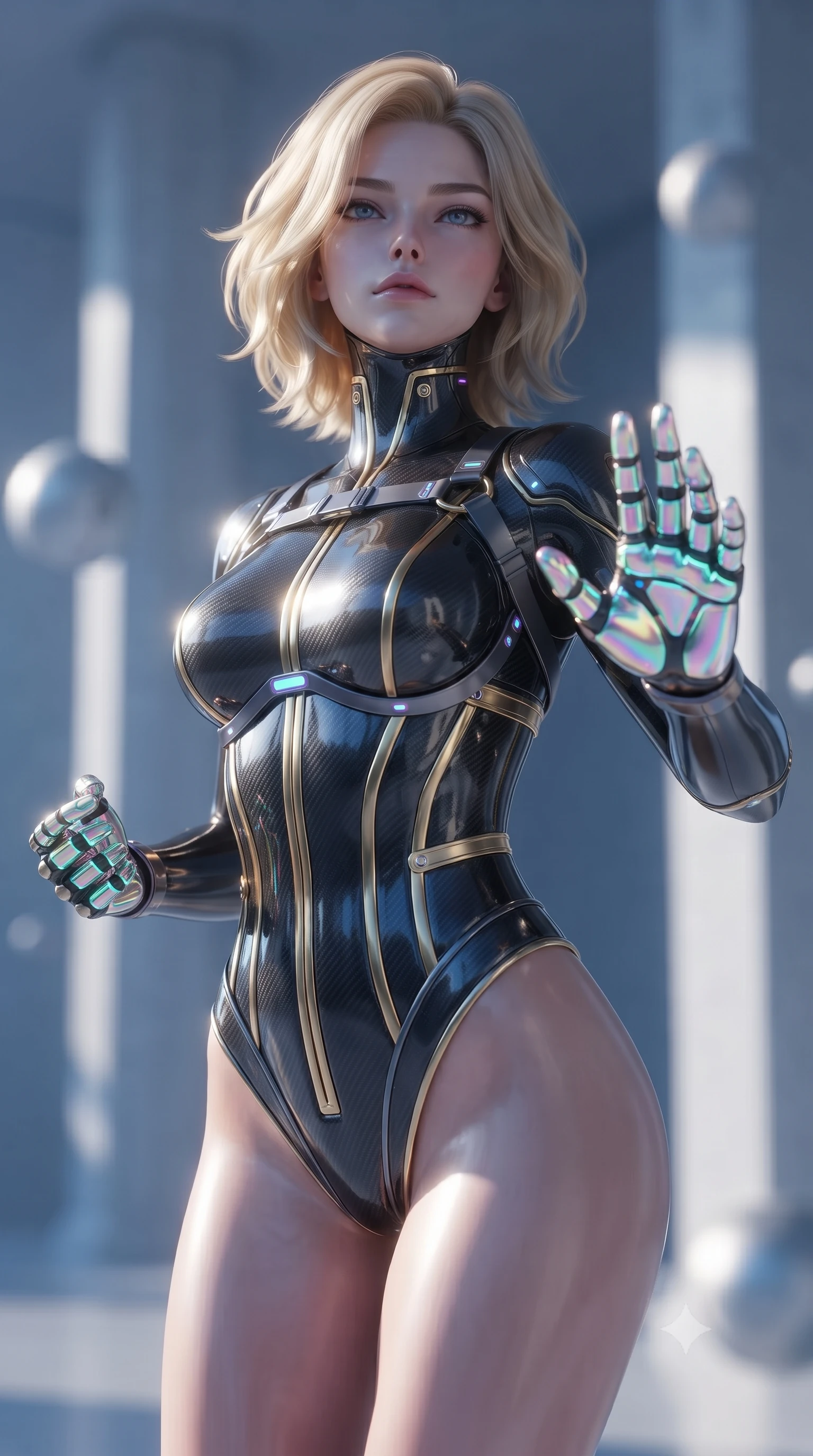 score_9, masterpiece, best quality, ultra-detailed, high-budget anime keyframe, editorial fashion photography, tasteful artistic composition, Caucasian woman. close-up cowboy shot from the waist and thighs up, the character dominates the composition, filling the frame with her large presence. tilting her head back with serene warrior composure, her sharp jawline and sculpted collarbones highlighted by glowing neon kinetic knuckles while hovering weightlessly with one palm extended in a calm Panzer Kunst guard stance, gazing into the lens with divine focus. The composition keeps background elements in soft focus with creamy bokeh. minimalist quartz dojo pillars and floating zero-G training spheres softened in smooth atmospheric depth of field. She has an exceptionally elegant, slender, and willowy female figure with an ultra-slim waist, a gracefully sculpted slender torso, toned flat midriff, and a refined slim silhouette. sharp v-shaped jawline, high-bridge nose, intricate jewel-like eyes with depth, thick eyelashes, glossy lips with a natural sheen, flawlessly proportioned anatomical accuracy, strict slender model proportions, natural body alignment, perfectly sculpted long slender limbs, ultra-slim waistline, clean dynamic posture without body distortion. wearing a precision-tailored high-fashion carbon-fiber corset bodysuit with gold mechanical rib boning and kinetic shock-dampening palms in high-gloss iridescent rainbow carbon with prism holographic sheen, formed from high-gloss patent carbon-plating with specular chiaroscuro reflections, reinforced by a sleek titanium kinetic harness and glowing micro-energy straps, the sleek second-skin cut tightly hugging her graceful clavicle, narrow waist, and feminine curves with athletic precision. bathed in dazzling natural orbital sunlight and rich blue planetary ambient bounce light. ultra-reflective glossy finish, specular highlights, dark metallic sheen, high-contrast stereoscopic depth, volumetric dynamic lighting, 2k, ultra detail, master piece, 9:16 ratio