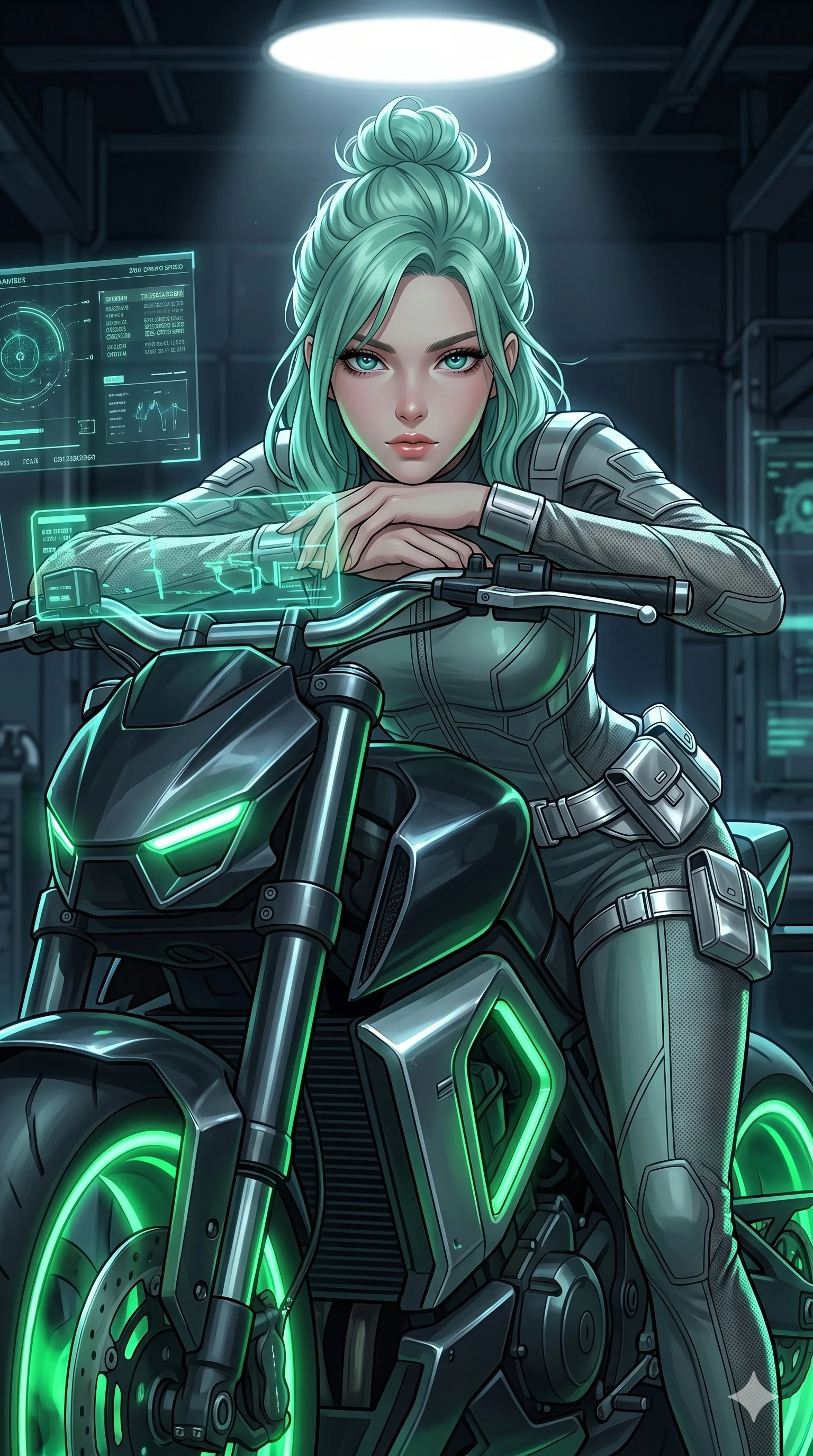 score_9, masterpiece, best quality, ultra-detailed, high-budget anime keyframe, Japanese woman. Upper body close-up from the thighs up, character filling the screen for maximum presence. She is leaning over a sleek, glowing holographic cyberpunk motorcycle. She rests her chin on the handlebars, looking directly at the camera with an intense, commanding gaze. She has an absolutely perfect 8-heads proportion, a tall and elegant figure with a refined silhouette and a defined waistline. V-shaped jawline, high-bridge nose, intricate jewel-like eyes with depth, thick eyelashes, glossy lips with a natural sheen. She is wearing a high-fashion tech-jumpsuit featuring structured panel overlays across the torso and shoulders, accented by a metallic silver utility belt and textured fabric sleeves. The scene is lit by the neon green wheels of the bike and a bright overhead studio spotlight. 2k, ultra detail, master piece, 9:16 ratio