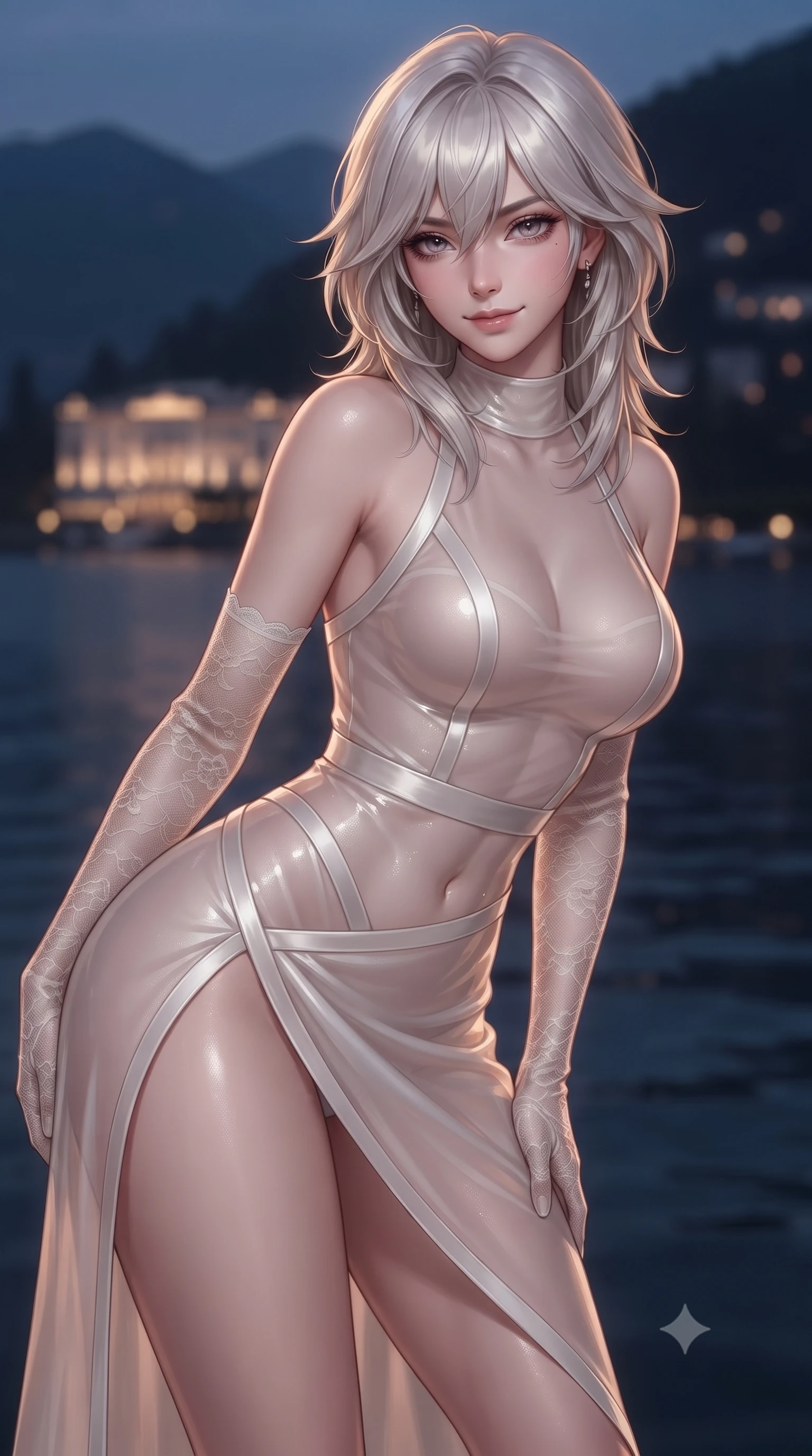 score_9, masterpiece, best quality, ultra-detailed, high-budget anime keyframe, editorial fashion photography, tasteful artistic composition, Japanese woman. close-up cowboy shot from the waist and thighs up, the character dominates the composition, filling the frame with her large presence. leaning forward while arching her lower back to accentuate her curvy hips, looking into the camera with an intoxicating smoldering gaze and bedroom-eyes while twisting her slender torso in an alluring S-curve, dark mountain lake reflections playing across her narrow waist, midriff, and hips. The background shows a soft-focus the dark tranquil expanse of Lake Como, distant Belle Époque illuminated grand hotels, and mountain silhouettes blurred into navy, rose-gold, and silver bokeh. She has an exceptionally elegant, slender, and willowy female figure with an ultra-slim waist, flat toned midriff, narrow ribcage, and sculpted feminine hips creating an alluring, slim hourglass silhouette without bulk. sharp v-shaped jawline, high-bridge nose, sparkling eyes with hypnotic seductive depth, thick curled eyelashes, glossy parted lips with a natural dewy peach sheen, alluring bedroom-eyes with an enchanting coquettish smile, exuding magnetic siren charisma and sophisticated glamour, flawlessly proportioned anatomical accuracy, strict slender model proportions, natural body alignment, perfectly sculpted long slender limbs, ultra-slim waistline, clean dynamic posture without body distortion. wearing a provocative high-neck sheer illusion cocktail dress with liquid satin ribbons contouring her curves in pure pearl alabaster with platinum sheen, tailored from fine structural neoprene with crisp architectural edges and smooth contouring, complemented by sheer opera-length lace evening gloves tracing her slender arms, the high-slit wrap tailoring accentuating her ultra-slim waistline and the enchanting curve of her feminine hips with alluring seductive charm. illuminated by lake water specular bounce and sharp warm-gold rim lights defining her delicate clavicles, narrow waist, and curvy hips. ultra-reflective glossy finish, specular highlights, rich textural contrasts, high-contrast stereoscopic depth, volumetric dynamic lighting, 2k, ultra detail, master piece, 9:16 ratio