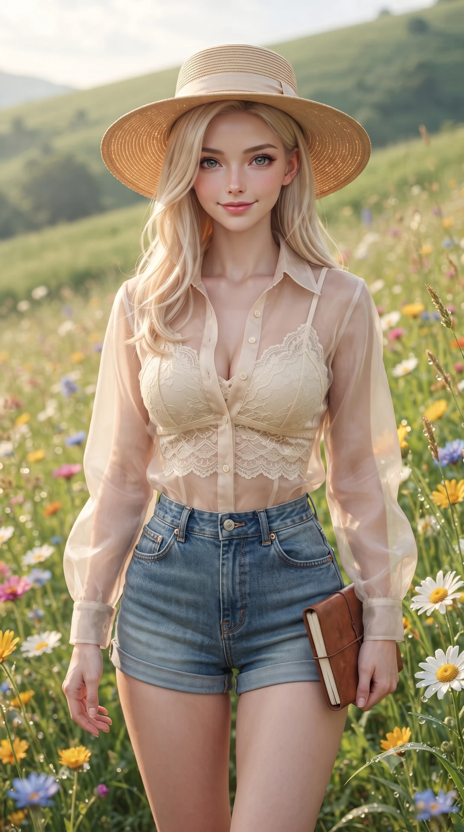 score_9, masterpiece, best quality, ultra-detailed, high-budget anime keyframe, editorial fashion photography, tasteful artistic composition, Caucasian woman. close-up cowboy shot from the waist and thighs up, the character dominates the composition, filling the frame with her large presence, background elements kept in soft focus. smiling warmly with a soft, affectionate expression, making cute eye contact set against a soft-focus background of on a gentle green hillside covered with colorful wildflowers and daisies with a cute straw hat and a small notebook in her hand. She has an exceptionally elegant, slender, and willowy female figure with an ultra-slim waist, a gracefully sculpted slender torso, and a refined silhouette. sharp v-shaped jawline, high-bridge nose, intricate jewel-like eyes with depth, thick eyelashes, glossy lips with a natural sheen. wearing form-contouring sheer organza button-up shirt worn over a lace-accented crop top and high-waist mini shorts. warm morning sunbeams creating fresh dewdrop glints on the flower petals. ultra-reflective glossy finish, specular highlights, metallic sheen, high-contrast stereoscopic depth, volumetric dynamic lighting, 2k, ultra detail, master piece, 9:16 ratio