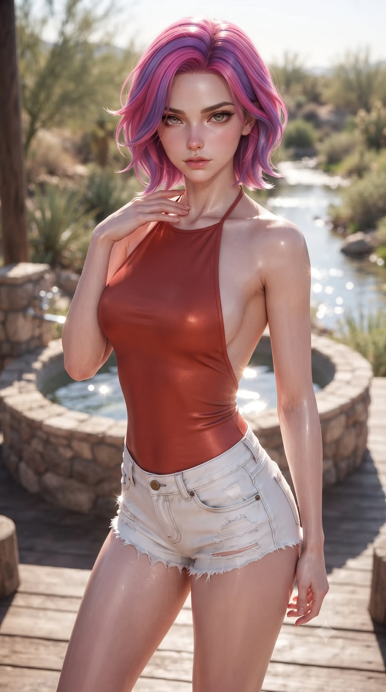 score_9, masterpiece, best quality, ultra-detailed, high-budget anime keyframe, editorial fashion photography, tasteful artistic composition, Caucasian woman. close-up cowboy shot from the waist and thighs up, the character dominates the composition, filling the frame with her large presence, background elements kept in soft focus. standing with one hand resting on her collarbone, looking at the viewer with bedroom-eyes the background shows a soft-focus a stone bath tub on a private deck overlooking a quiet desert oasis stream. She has an exceptionally elegant, slender, and willowy female figure with an ultra-slim waist, a gracefully sculpted slender torso, and a refined silhouette. sharp v-shaped jawline, high-bridge nose, intricate jewel-like eyes with depth, thick eyelashes, glossy lips with a natural sheen. wearing a body-hugging backless halter top in terracotta red, paired with white denim micro-shorts. bright morning sun rays creating sparkling glints on the water and her form. ultra-reflective glossy finish, specular highlights, metallic sheen, high-contrast stereoscopic depth, volumetric dynamic lighting, 2k, ultra detail, master piece, 9:16 ratio