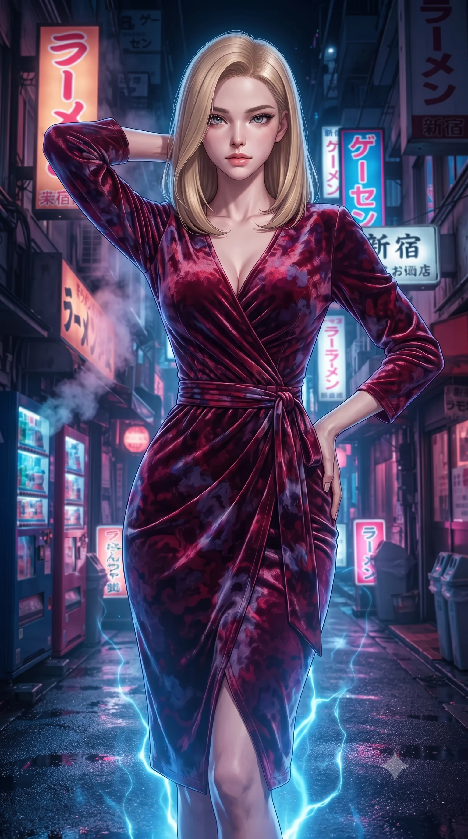score_9, masterpiece, best quality, ultra-detailed, high-budget anime keyframe, editorial fashion photography, tasteful artistic composition, Korean woman. close-up cowboy shot from the waist and thighs up, the character dominates the composition, filling the frame with her large presence, background elements kept in soft focus. Placing one hand behind her head with confident body language and a direct stare. set against a soft-focus background of a narrow atmospheric Tokyo alley at night densely packed with glowing signs in Japanese katakana steam rising from ramen shops vending machines casting colored pools of light on wet asphalt. She has an exceptionally elegant and slender, willowy female figure with an ultra-slim waist, a gracefully sculpted slender torso, and a refined slim physique. sharp v-shaped jawline, high-bridge nose, intricate jewel-like eyes with depth, thick eyelashes, glossy lips with a natural sheen. wearing a wrap-front fitted midi dress in deep crimson and violet watercolor velvet, drawing focus to her slender waist. pulsing electric blue plasma arc lighting rising dramatically from below. 2k, ultra detail, master piece, 9:16 ratio