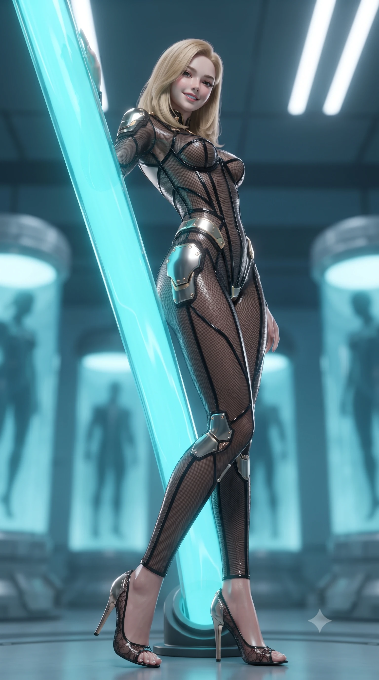 score_9, masterpiece, best quality, ultra-detailed, high-budget anime keyframe, editorial fashion photography, tasteful artistic composition, Korean woman. low angle full-body shot from head to toe showing her feet, filling the entire 9:16 vertical frame with her statuesque presence, stretching her vertical silhouette. leaning deep against the glowing energy conduit with hips cocked back in an unapologetically alluring high-fashion stance, flashing a warm beaming smile while twisting her slender torso in an alluring S-curve, sub-zero cyan luminescence dancing across her flat midriff and rounded feminine hips. The background shows a soft-focus cylindrical vertical cryo-pods with suspended silhouettes and drifting ice vapors blurred into glacial cyan, cobalt, and frosty pearl bokeh. She has an absolutely perfect, statuesque 8.5-heads proportion, an exceptionally tall and slender model-like female figure with impossibly long slender legs, an ultra-slim waist, a flat toned midriff, narrow delicate ribcage, and beautifully sculpted feminine hips creating a graceful, slim hourglass silhouette without any bulky heaviness. sharp v-shaped jawline, high-bridge nose, intricate jewel-like sparkling eyes with depth, thick eyelashes, glossy parted lips with a natural sheen, bright confident smile with an enchanting and coquettish sensual glint, exuding both youthful magnetic charm and sovereign high-tech allure, flawlessly proportioned anatomical accuracy, strict slender model proportions, natural body alignment, perfectly sculpted long slender limbs, ultra-slim waistline, clean dynamic posture without body distortion. wearing a sheer technical lace and carbon composite bodysuit with architectural cup boning and open back in glossy onyx black and warm champagne gold hardware, crafted from sheer technical cyber-lace reinforced with ultra-thin Kevlar threads, accented with strategically placed chrome armor plate guards covering key curves, the form-contouring cut accentuating her sculpted flat midriff, narrow delicate ribcage, and gracefully curvy hips with cybernetic supermodel precision. illuminated by overhead cold-white strip lights and sharp crystalline silver rim lights carving her slim waist, hips, and jawline. ultra-reflective glossy finish, specular highlights, rich textural contrasts, high-contrast stereoscopic depth, volumetric dynamic lighting, 2k, ultra detail, master piece, 9:16 ratio