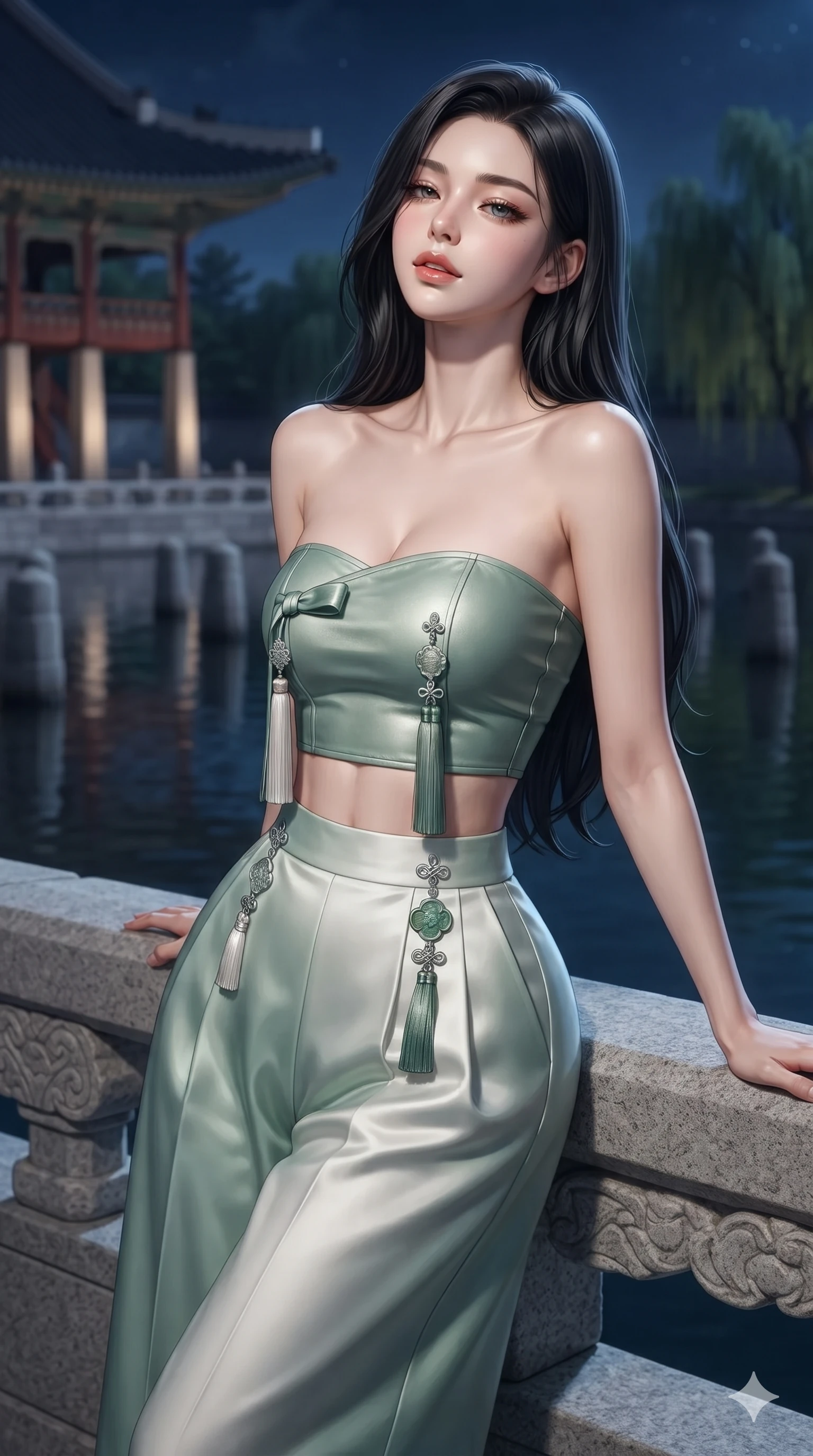 score_9, masterpiece, best quality, ultra-detailed, high-budget anime keyframe, editorial fashion photography, tasteful artistic composition, Korean woman. close-up cowboy shot from the waist and thighs up, the character dominates the composition, filling the frame with her large presence. leaning back against the balustrade with relaxed seductive grace, head tilted back slightly while casting a hypnotic, heavy-lidded gaze while standing between monumental stone pavilion columns, arching her lower back to emphasize her curvy hips against the moonlit lake. The background shows a soft-focus dozens of stone columns rising from the lake, curved palace eaves, and distant weeping willows blurred into indigo, terracotta, and silver bokeh. She has an exceptionally elegant, slender, and willowy female figure with an ultra-slim waist, flat toned midriff, narrow ribcage, and sculpted feminine hips creating an alluring, slim hourglass silhouette without bulk. sharp v-shaped jawline, high-bridge nose, sparkling eyes with hypnotic seductive depth, thick curled eyelashes, glossy parted lips with a natural dewy peach sheen, alluring bedroom-eyes with an enchanting coquettish smile, exuding magnetic siren charisma and sophisticated glamour, flawlessly proportioned anatomical accuracy, strict slender model proportions, natural body alignment, perfectly sculpted long slender limbs, ultra-slim waistline, clean dynamic posture without body distortion. wearing a modern strapless boned hanbok bustier with traditional norigae tassel accents paired with high-waisted wide-leg silk trousers in moonlit jade green and pure alabaster white with silver accents, made of supple butter-soft lambskin leather with a subtle satin sheen, finished with authentic carved jade pendants and traditional norigae knots, the impeccably tailored cut draping gracefully along her slender figure with aristocratic eastern poise. illuminated by lake water upward bounce and sharp silver-topaz rim lights defining her razor-sharp jawline, narrow waist, and curvy hips. ultra-reflective glossy finish, specular highlights, rich textural contrasts, high-contrast stereoscopic depth, volumetric dynamic lighting, 2k, ultra detail, master piece, 9:16 ratio